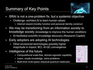 27 Mar 2023
Quantum Intelligence
Summary of Key Points
 SRAI is not a one-problem fix, but a systemic objective
 Challenge: architect AI to learn human values
 Internal reward-morality function and personal identity construct
 We may be transitioning from an information society to
knowledge society (knowledge to improve the human condition)
 AI-facilitated scientific knowledge discovery (Research Copilot)
 Early adopters are adopting AI technologies
 Other envisioned technologies possibly higher
magnitude in impact: BCI, AI-QC convergence
 Intelligence of the future
 Computational scale-free, domain-agnostic capability
 Learn, create knowledge, solve problems
 Multi-time multi-space classical-quantum-relativistic
50
 