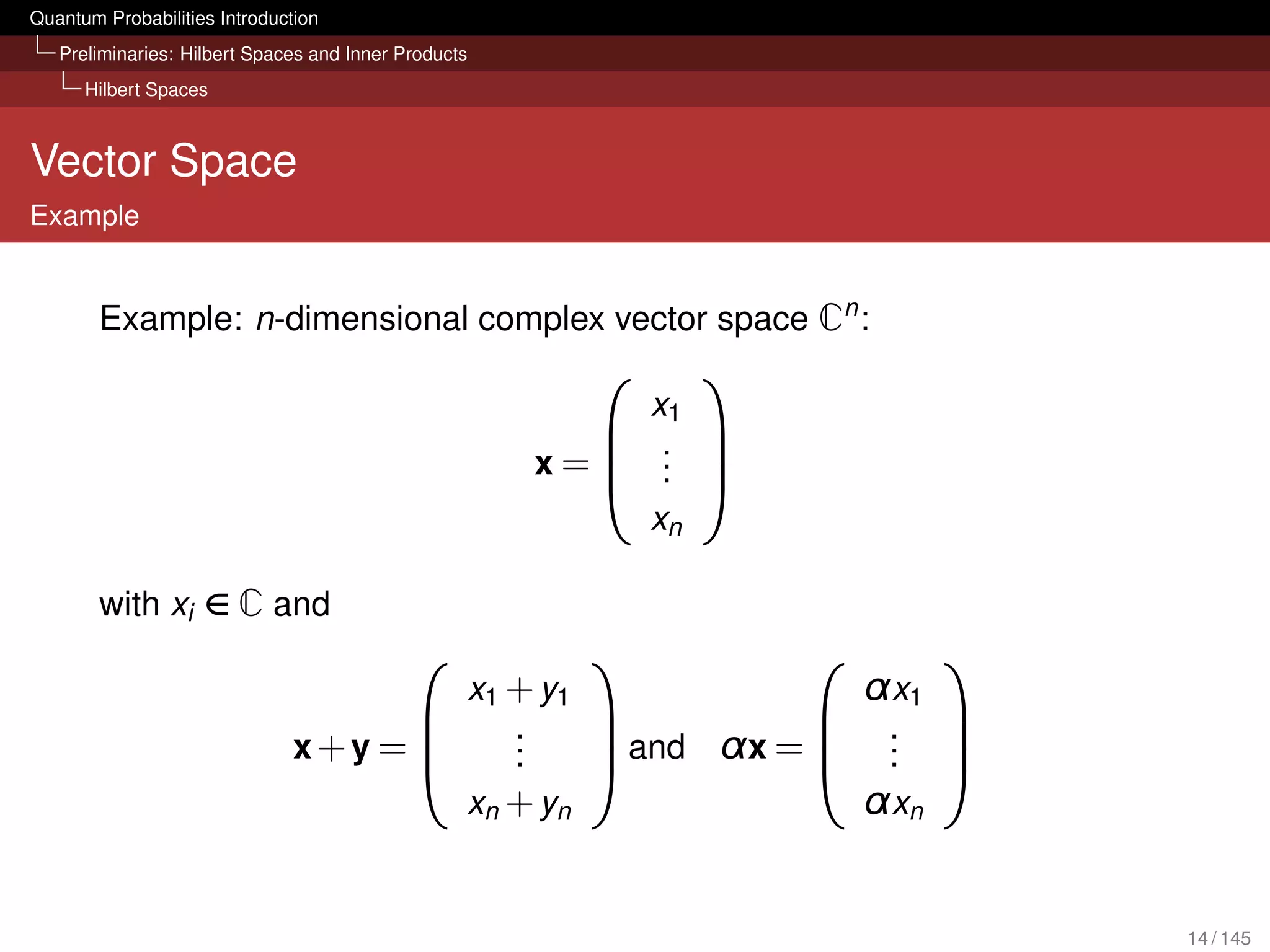 Quantum Probabilities Introduction
   Preliminaries: Hilbert Spaces and Inner Products
      Hilbert Spaces



Vector Space
Example


        Example: n-dimensional complex vector space Cn :
                                                           
                                                          x
                                                         .1 
                                                      x= . 
                                                         . 
                                                          xn

        with xi ∈ C and
                                                                          
                                      x +y                            α x1
                                     1 . 1                           . 
                                         .                             . 
                                                                  
                              x+y = 
                                    
                                         .
                                               and
                                                            αx = 
                                                                      . 
                                      xn + yn                         α xn


                                                                                 14 / 145
 