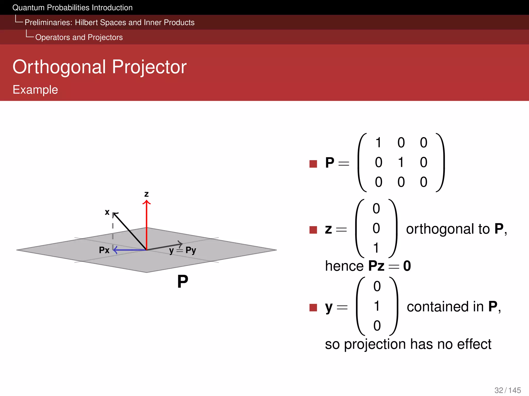 Quantum Probabilities Introduction
   Preliminaries: Hilbert Spaces and Inner Products
      Operators and Projectors



Orthogonal Projector
Example


                                                                     
                                                          1     0   0
                                                      P= 0     1   0 
                                                                     
                                                          0     0   0
                                     z                        
                          x                                   0
                                                      z =  0  orthogonal to P,
                                                           
                        Px                 y = Py             1
                                                      hence Pz = 0
                                             P
                                                           
                                                              0
                                                      y =  1  contained in P,
                                                           
                                                              0
                                                      so projection has no effect


                                                                               32 / 145
 