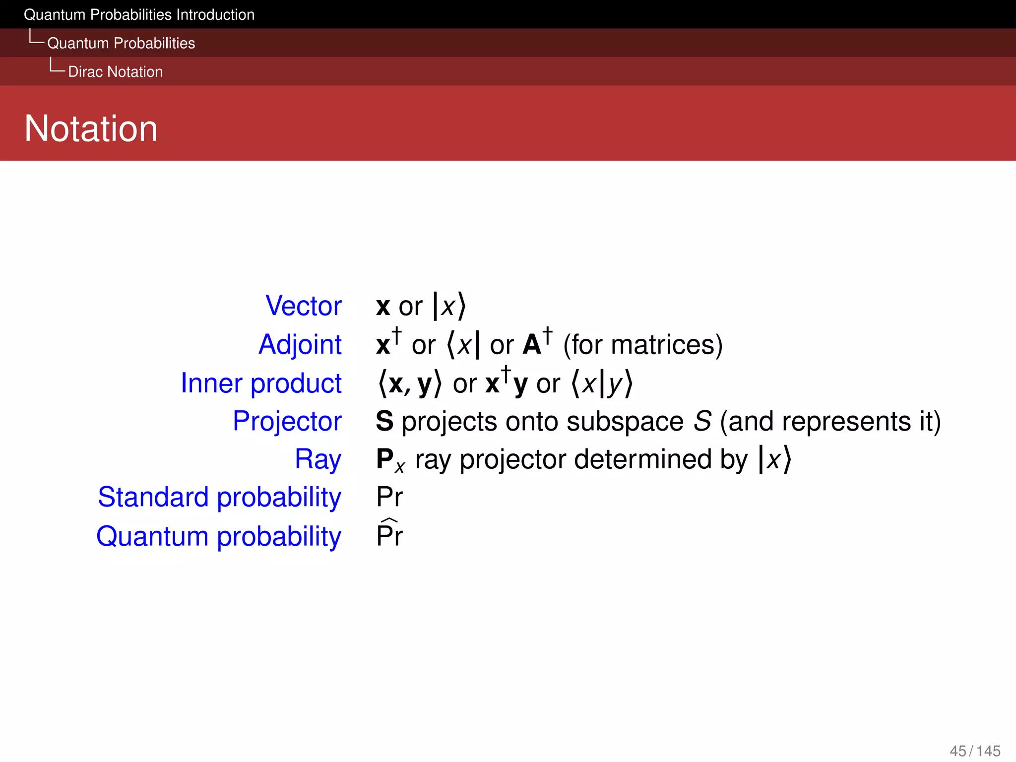 Quantum Probabilities Introduction
   Quantum Probabilities
      Dirac Notation



Notation



                       Vector        x or |x 〉
                      Adjoint        x† or 〈x | or A† (for matrices)
                Inner product        〈x, y〉 or x† y or 〈x |y 〉
                    Projector        S projects onto subspace S (and represents it)
                         Ray         Px ray projector determined by |x 〉
          Standard probability       Pr
          Quantum probability        Pr




                                                                                      45 / 145
 