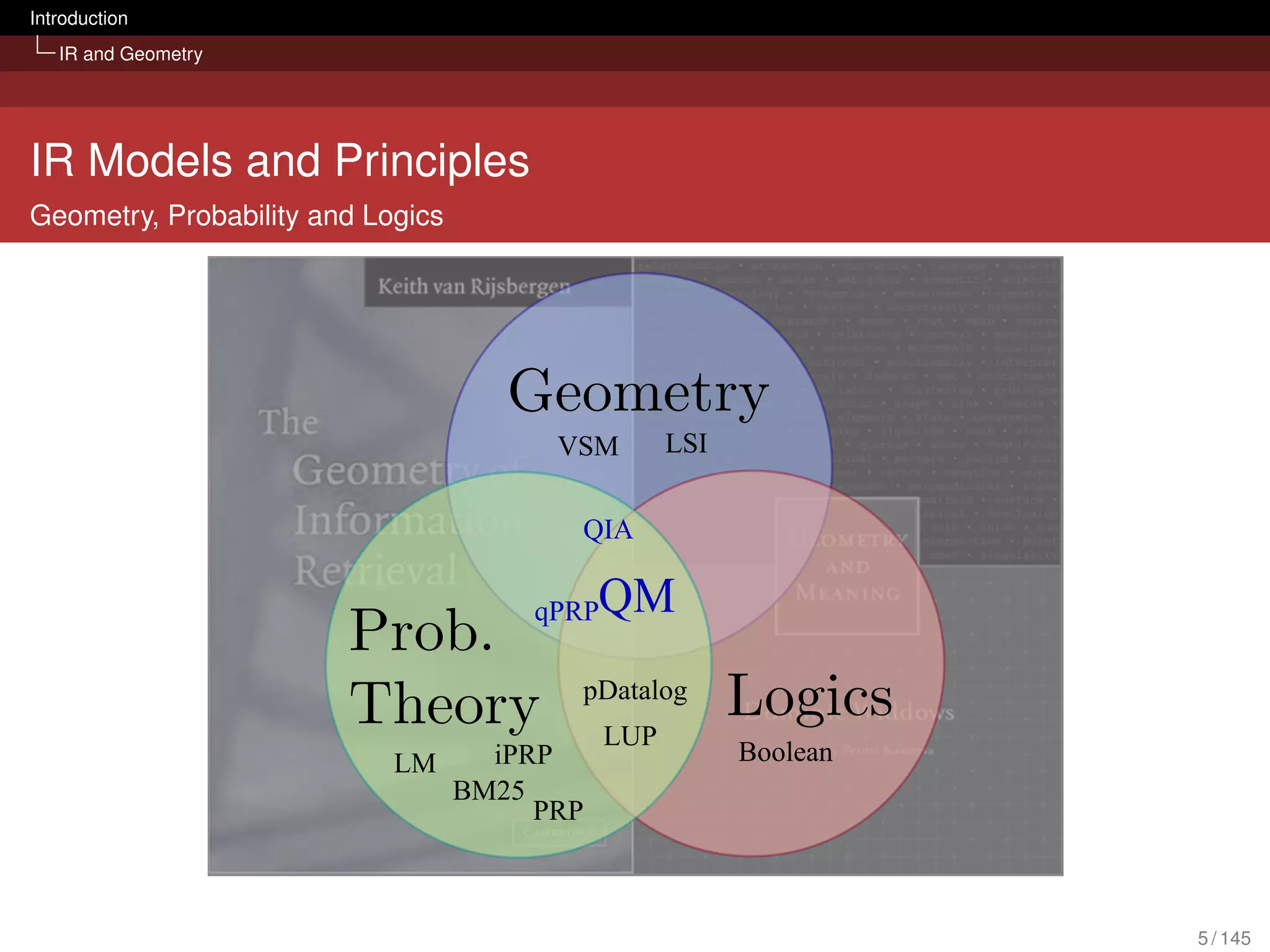Introduction
   IR and Geometry




IR Models and Principles
Geometry, Probability and Logics




                                         VSM        LSI


                                          QIA

                                       qPRP   QM
                                          pDatalog
                                              LUP
                            LM       iPRP                 Boolean
                                   BM25
                                        PRP



                                                                    5 / 145
 