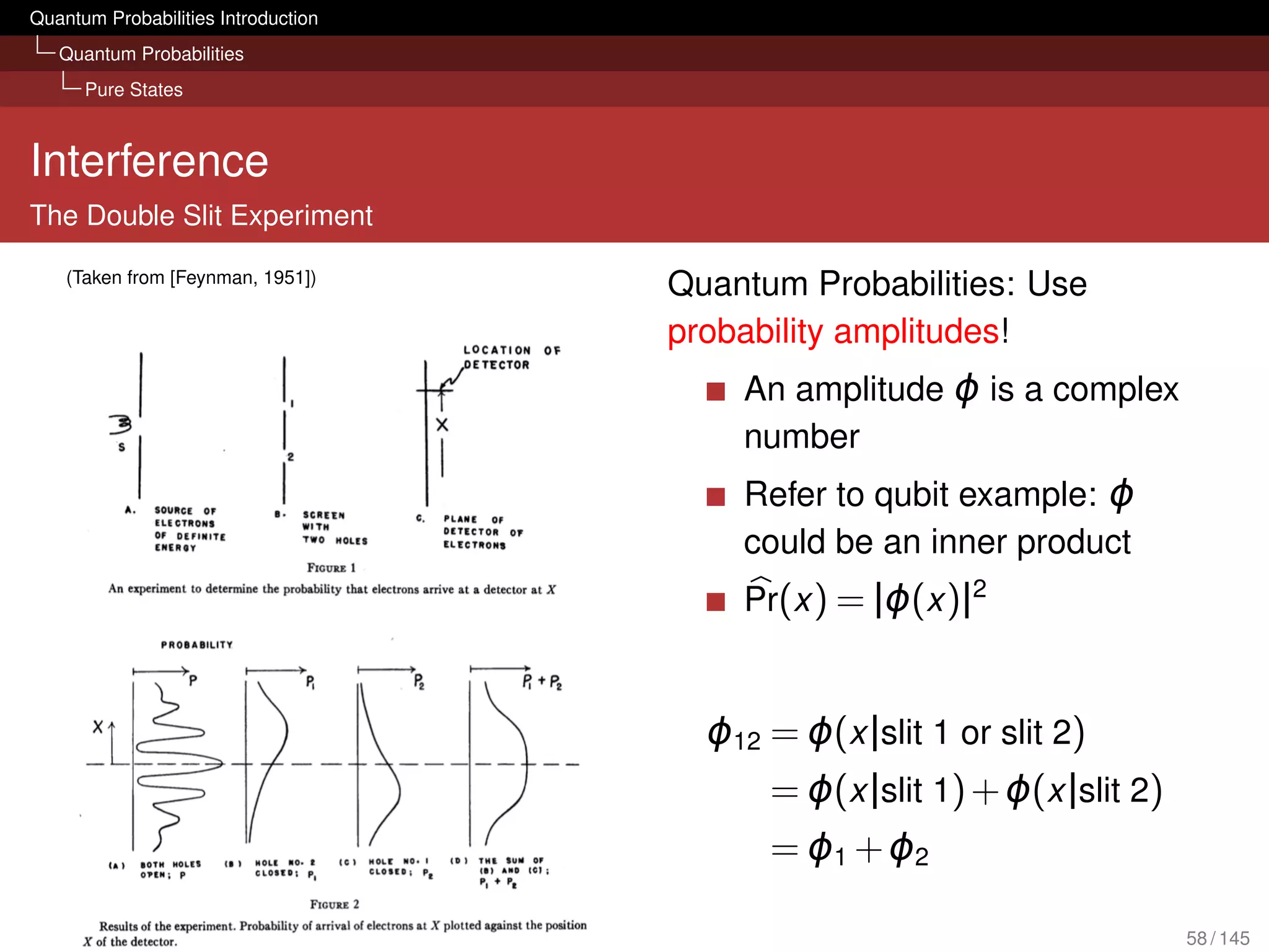 Quantum Probabilities Introduction
   Quantum Probabilities
      Pure States



Interference
The Double Slit Experiment

    (Taken from [Feynman, 1951])
                                     Quantum Probabilities: Use
                                     probability amplitudes!
                                         An amplitude ϕ is a complex
                                         number
                                         Refer to qubit example: ϕ
                                         could be an inner product
                                         Pr(x ) = |ϕ(x )|2


                                       ϕ12 = ϕ(x |slit 1 or slit 2)
                                           = ϕ(x |slit 1) + ϕ(x |slit 2)
                                           = ϕ1 + ϕ2

                                                                           58 / 145
 