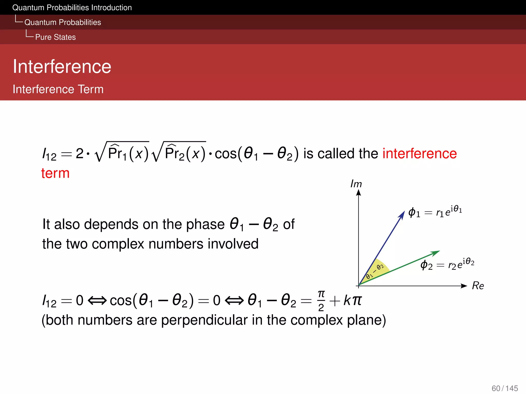 Quantum Probabilities Introduction
   Quantum Probabilities
      Pure States



Interference
Interference Term




        I12 = 2 ·          Pr1 (x )   Pr2 (x ) · cos(θ1 − θ2 ) is called the interference
        term


        It also depends on the phase θ1 − θ2 of
        the two complex numbers involved


                                                                π
        I12 = 0 ⇔ cos(θ1 − θ2 ) = 0 ⇔ θ1 − θ2 = 2 + k π
        (both numbers are perpendicular in the complex plane)



                                                                                            60 / 145
 