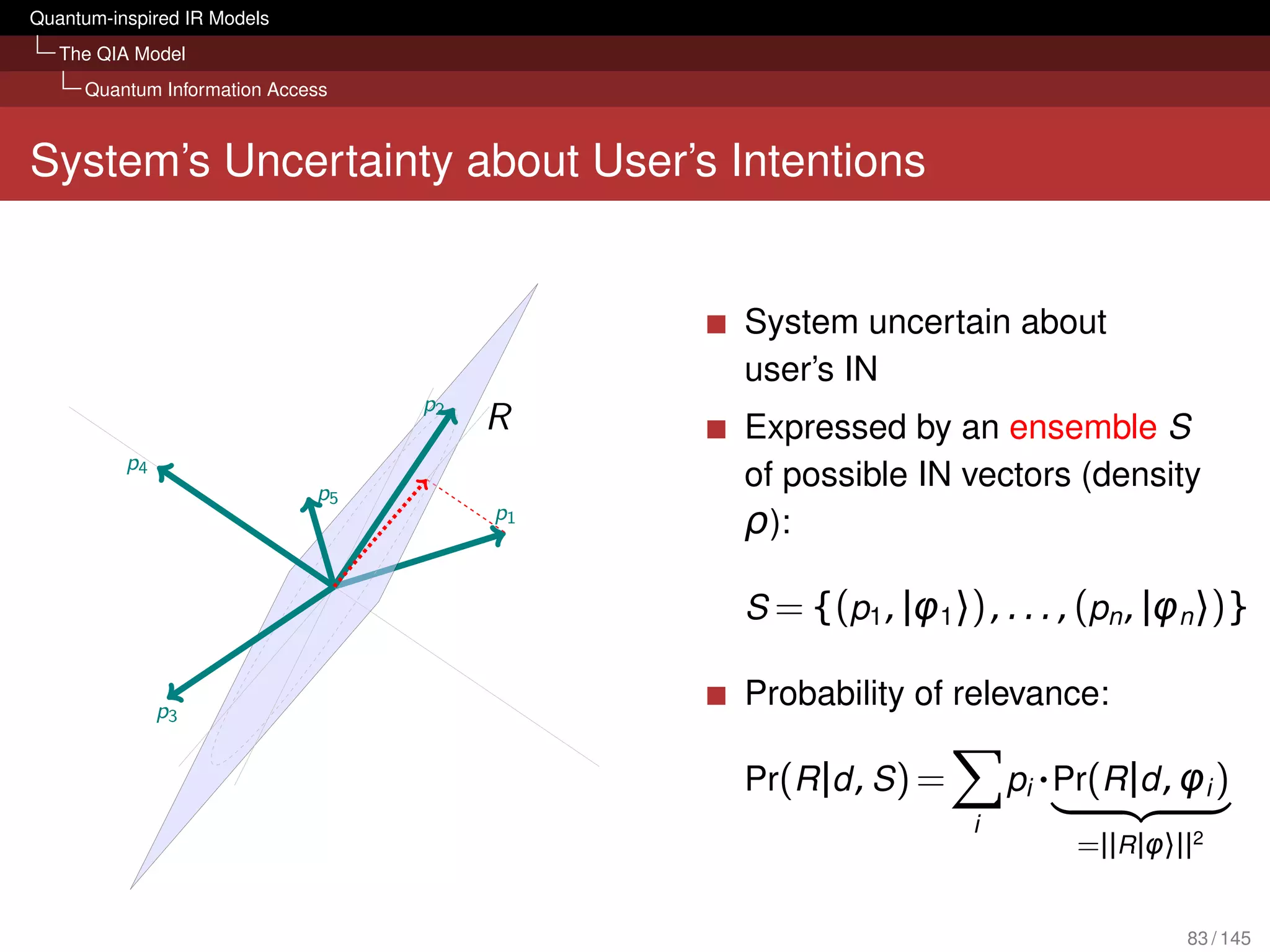 Quantum-inspired IR Models
   The QIA Model
     Quantum Information Access



System’s Uncertainty about User’s Intentions


                                            System uncertain about
                                            user’s IN
                                  p2
                                       R    Expressed by an ensemble S
          p4
                             p5
                                            of possible IN vectors (density
                                       p1
                                            ρ):

                                            S = {(p1 , |φ1 〉) , . . . , (pn , |φn 〉)}

               p3
                                            Probability of relevance:

                                            Pr(R |d , S ) =       pi · Pr(R |d , φi )
                                                              i
                                                                       =||R |φ〉||2


                                                                                 83 / 145
 