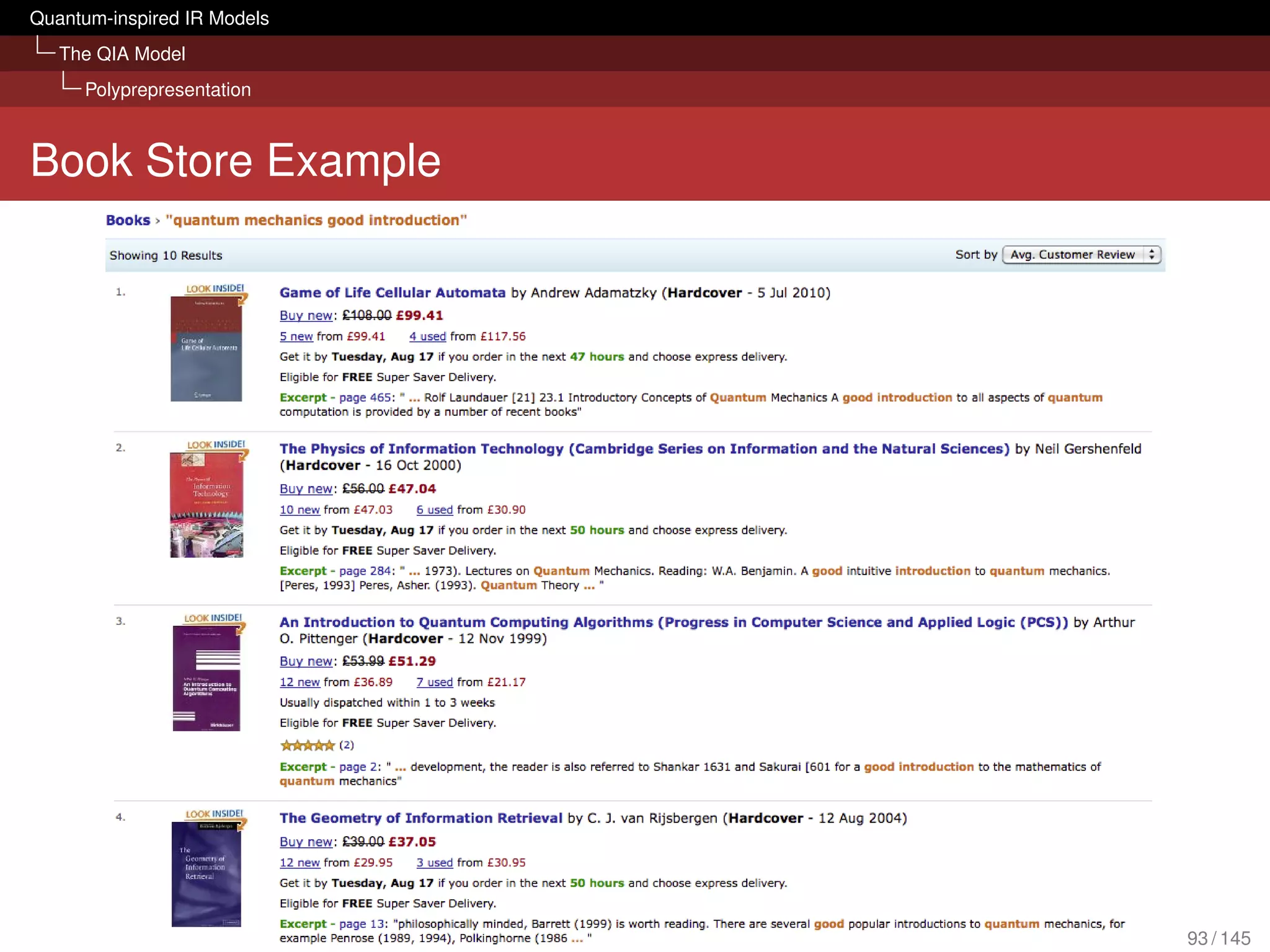 Quantum-inspired IR Models
   The QIA Model
     Polyprepresentation



Book Store Example




                             93 / 145
 