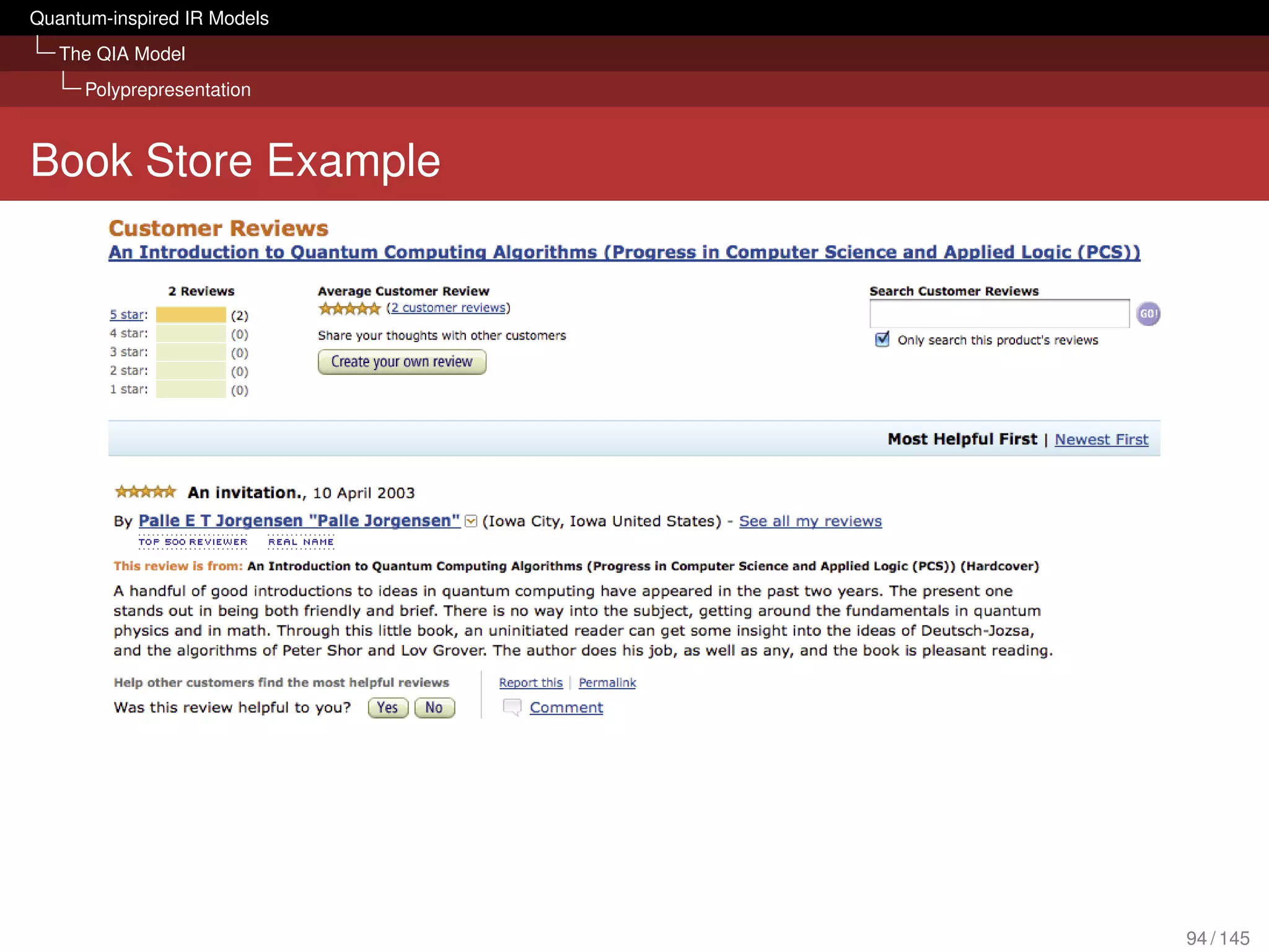 Quantum-inspired IR Models
   The QIA Model
     Polyprepresentation



Book Store Example




                             94 / 145
 