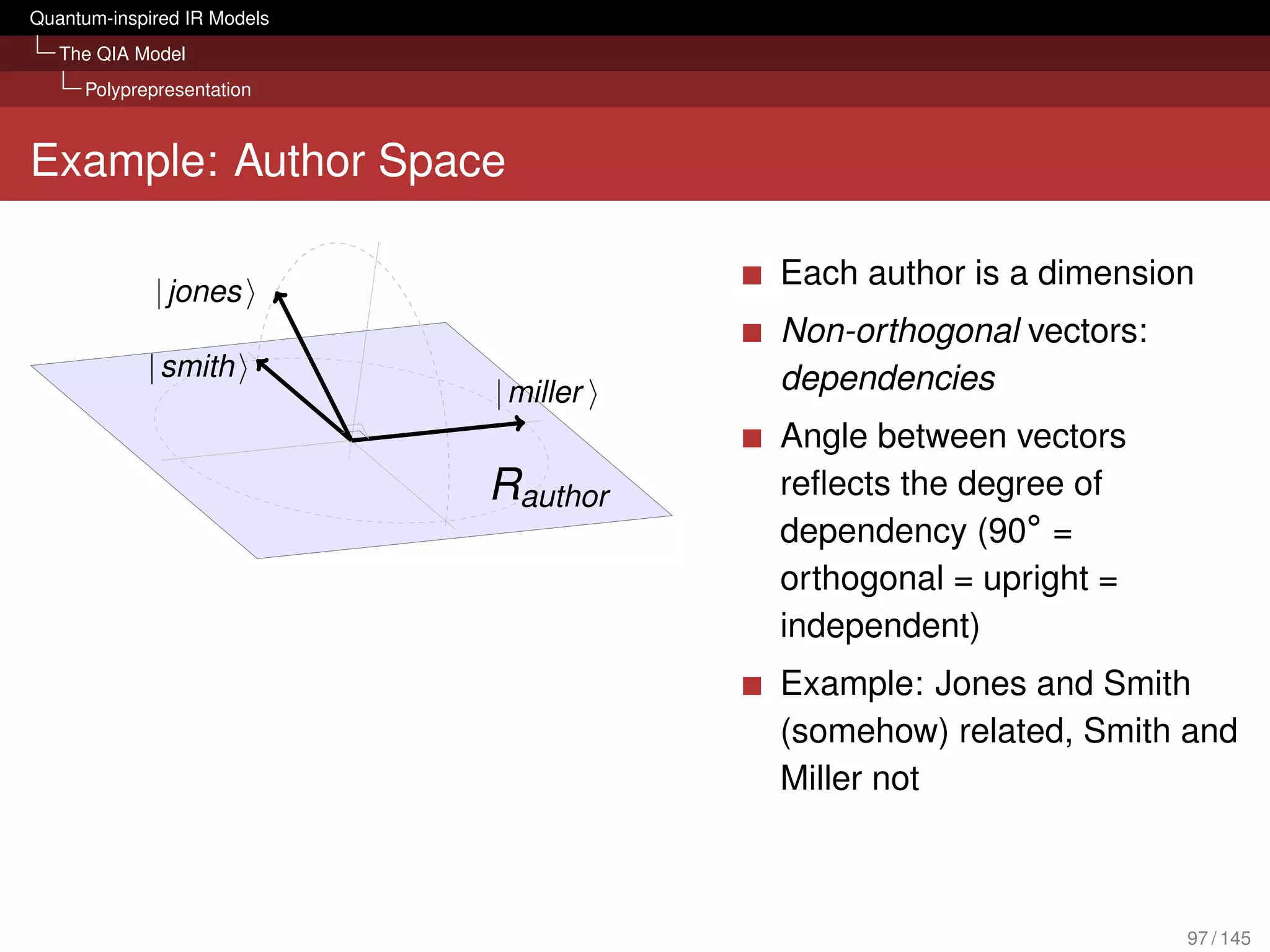Quantum-inspired IR Models
   The QIA Model
     Polyprepresentation



Example: Author Space

                             Each author is a dimension
                             Non-orthogonal vectors:
                             dependencies
                             Angle between vectors
                             reﬂects the degree of
                             dependency (90◦ =
                             orthogonal = upright =
                             independent)
                             Example: Jones and Smith
                             (somehow) related, Smith and
                             Miller not



                                                       97 / 145
 