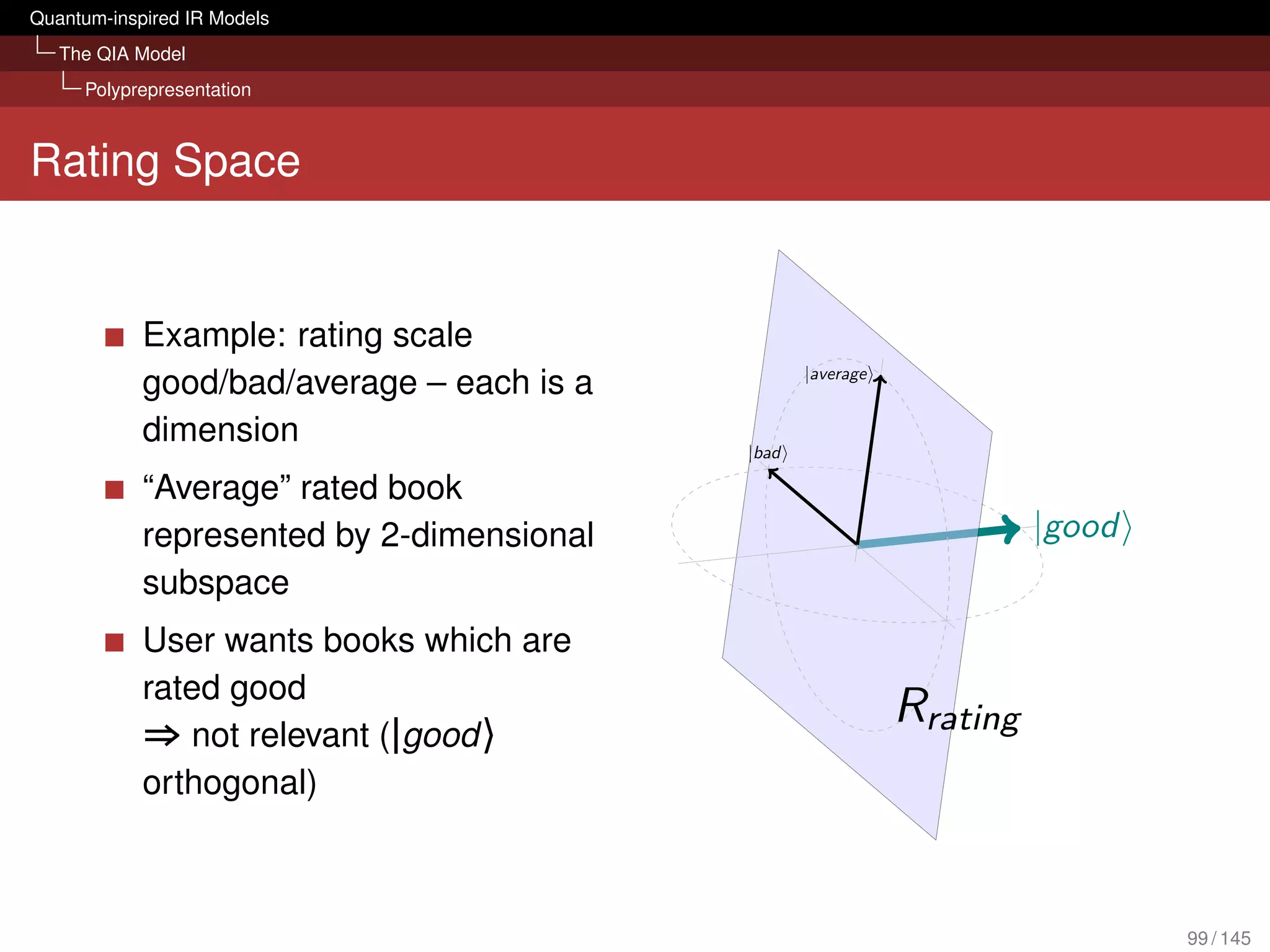 Quantum-inspired IR Models
   The QIA Model
     Polyprepresentation



Rating Space


            Example: rating scale
            good/bad/average – each is a          |average


            dimension
                                           |bad

            “Average” rated book
            represented by 2-dimensional                               |good
            subspace
            User wants books which are
            rated good
            ⇒ not relevant (|good 〉
                                                             Rrating
            orthogonal)



                                                                               99 / 145
 