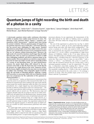 LETTERS
Quantum jumps of light recording the birth and death
of a photon in a cavity
Sébastien Gleyzes1
, Stefan Kuhr1
{, Christine Guerlin1
, Julien Bernu1
, Samuel Deléglise1
, Ulrich Busk Hoff1
,
Michel Brune1
, Jean-Michel Raimond1
& Serge Haroche1,2
A microscopic quantum system under continuous observation
exhibits at random times sudden jumps between its states. The
detection of this quantum feature requires a quantum non-
demolition (QND) measurement1–3
repeated many times during
the system’s evolution. Whereas quantum jumps of trapped mas-
sive particles (electrons, ions or molecules4–8
) have been observed,
this has proved more challenging for light quanta. Standard
photodetectors absorb light and are thus unable to detect the same
photon twice. It is therefore necessary to use a transparent counter
that can ‘see’ photons without destroying them3
. Moreover, the
light needs to be stored for durations much longer than the QND
detection time. Here we report an experiment in which we fulfil
these challenging conditions and observe quantum jumps in the
photon number. Microwave photons are stored in a superconduct-
ing cavity for times up to half a second, and are repeatedly probed
by a stream of non-absorbing atoms. An atom interferometer
measures the atomic dipole phase shift induced by the non-
resonant cavity field, so that the final atom state reveals directly
the presence of a single photon in the cavity. Sequences of hun-
dreds of atoms, highly correlated in the same state, are interrupted
by sudden state switchings. These telegraphic signals record the
birth, life and death of individual photons. Applying a similar
QND procedure to mesoscopic fields with tens of photons should
open new perspectives for the exploration of the quantum-to-
classical boundary9,10
.
A QND detection1–3
realizes an ideal projective measurement that
leaves the system in an eigenstate of the measured observable. It can
therefore be repeated many times, leading to the same result until the
system jumps into another eigenstate under the effect of an external
perturbation. For a single trapped ion, laser-induced fluorescence
provides an efficient measurement of the ion’s internal state5–7
. The
ion scatters many photons while evolving on a transition between a
ground sublevel and an excited one. This fluorescence stops and
reappears abruptly when the ion jumps in and out of a third, meta-
stable level, decoupled from the illumination laser. Quantum jumps
have also been observed between states of individual molecules8
and
between the cyclotron motional states of a single electron in a
Penning trap4
. As a common feature, all these experiments use fields
to probe quantum jumps in matter. Our experiment realizes for the
first time the opposite situation, in which the jumps of a field oscil-
lator are revealed via QND measurements performed with matter
particles.
We exploit light shifts resolved at the single-photon level, which
are experienced by an oscillating dipole in the field of a high-quality-
factor (high-Q) cavity. This resolution requires a huge dipole
polarizability, which is achieved only with very special systems, such
as circular Rydberg atoms10
or superconducting qubits11,12
coupled to
microwave photons. In our experiment, the measurement of the
light shift induced by the field on Rydberg atoms is repeated
more than 100 times within the average decay time of individual
photons.
The core of the experiment is a photon box (see Fig. 1), which
is an open cavity C made up of two superconducting niobium
mirrors facing each other (the Fabry–Perot configuration)13
. The
cavity is resonant at 51.1 GHz and cooled to 0.8 K. Its damping
time, as measured by the ring-down of a classical injected micro-
wave field, is Tc 5 0.129 6 0.003 s, corresponding to a light travel
distance of 39,000 km, folded in the 2.7 cm space between the
mirrors. The QND probes are rubidium atoms, prepared in circular
Rydberg states10
, travelling along the z direction transverse to the
cavity axis. They cross C one at a time, at a rate of 900 s21
with a
velocity v 5 250 m s21
(see Methods). The cavity C is nearly res-
onant with the transition between the two circular states e and g
(principal quantum numbers 51 and 50, respectively). The posi-
tion- (z-)dependent atom–field coupling V(z) 5 V0exp(2z2
/w2
)
follows the gaussian profile of the cavity mode (waist w 5 6 mm).
The maximum coupling, V0/2p 5 51 kHz, is the rate at which the
field and the atom located at the cavity centre (z 5 0) exchange a
quantum of energy, when the initially empty cavity is set at res-
onance with the e–g transition10
.
1
Laboratoire Kastler Brossel, Département de Physique de l’Ecole Normale Supérieure, 24 rue Lhomond, 75231 Paris Cedex 05, France. 2
Collège de France, 11 place Marcelin Berthelot,
75231 Paris Cedex 05, France. {Present address: Johannes Gutenberg Universität, Institut für Physik, Staudingerweg 7, 55128 Mainz, Germany.
B
R1
C
R2
D
S
Figure 1 | Experimental set-up. Samples of circular Rydberg atoms are
prepared in the circular state g in box B, out of a thermal beam of rubidium
atoms, velocity-selected by laser optical pumping. The atoms cross the cavity
C sandwiched between the Ramsey cavities R1 and R2 fed by the classical
microwave source S, before being detected in the state selective field
ionization detector D. The R1–C–R2 interferometric arrangement,
represented here cut by a vertical plane containing the atomic beam, is
enclosed in a box at 0.8 K (not shown) that shields it from thermal radiation
and static magnetic fields.
Vol 446|15 March 2007|doi:10.1038/nature05589
297
Nature
©2007 Publishing Group
 