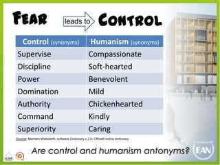 FEAR                             leads to                CONTROL
  Control (synonyms)                               Humanism (synonyms)
 Supervise                                        Compassionate
 Discipline                                       Soft-hearted
 Power                                            Benevolent
 Domination                                       Mild
 Authority                                        Chickenhearted
 Command                                          Kindly
 Superiority                                      Caring
Source: Merriam-Webster®, software Dictionary v.2.6; Office® online dictionary



          Are control and humanism antonyms?
 