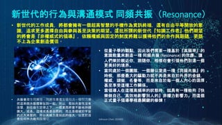 新世代的行為與溝通模式 同頻共振（Resonance）
Johnson Chen 202002 27
• 新世代的工作成員，將都會擁有一個超高智慧的手機作為資訊終端，還有自由平等開放的意
識，追求更多選擇自由與參與甚至決策的期望。這批所謂的新世代『知識工作者』他們期望
的將會是『非權威式的領導』，依賴權威與固定的制度將難以獲得他們的合作與跟隨，更談
不上為企業創造價值。
• 從量子學的觀點，因此我們需要一種基於『高頻率』的
意識能量來創造一種 同頻共振 (Resonance) 的效應。讓
人們樂於親近你，跟隨你，相信你會引領他們到達一個
更美好的境界。
• 當同處於一個團隊，一個辦公室是一種『同頻共振』的
時候，那麼最大的驅動力就不再是來自於外界的金錢，
權威，頭銜，名譽等，而是來自於每一個人內心的選擇，
甚至享受這種工作關係。
• 當領導人在這種高頻率的狀態時，就具有一種能夠『快
樂做自己，高效地影響別人的』非權力影響力。而這個
正式量子領導學裡最關鍵的修煉！
• 共振會產生同質性，同質性會產生吸引力，吸引力會
把這兩個共振體牽扯到一起。所以，假如共振性沒有
改變，則在吸引定律之下，一樣東西將會不斷地持續
擴大、成長。這種成長是自然的，而且是根植於宇宙
的三大本質的，所以其威力是如此的強大，以至於沒
有任何外力能夠阻擋它
 