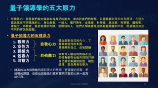 Johnson Chen 202002 30
量子領導學的五大原力
• 所謂原力，就是我們與生俱來本自具足的能力，來自於我們的智慧，只需要被啟發和自我開發。在過去
認為完全不同領域的人，身心患者，一般人，奮鬥青年，企業家，科學家，政治家，科學家，藝術家，
瑜伽士，宗教家，慈悲智慧的大師，到開悟的人，他們之間其實是因為能量層級的不同，而呈現出如此
不同的作為與面貌。
• 量子領導力的五種原力
1. 觀照力
2. 空性力
3. 調頻力
4. 包容力
5. 洞察力
自我心力
自他能力
獨立面對自己的內心，了
解事物空性的本質
勇敢解析自己，自我調頻
面對外人關係時從容不迫，
即使有衝突也能夠調整好讓
自己處於高頻的狀態，理性
處理，並且具有包容力
• 越高的功力自然能夠面對更大的格局，更複雜的局面，更
挑戰的課題，自然也就能吸引更有聰明才智的人來一起完
成任務。
 