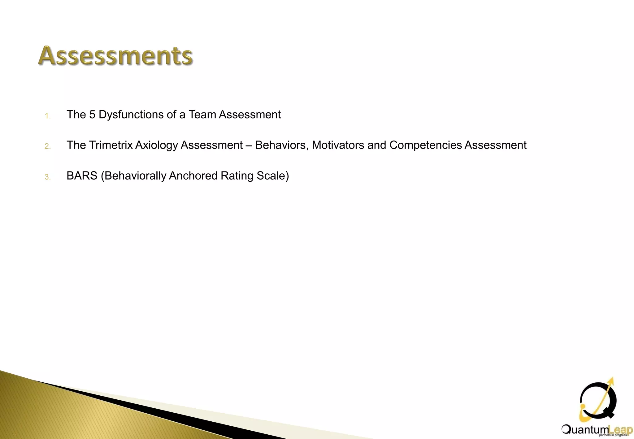 1.   The 5 Dysfunctions of a Team Assessment

2.   The Trimetrix Axiology Assessment – Behaviors, Motivators and Competencies Assessment

3.   BARS (Behaviorally Anchored Rating Scale)
 
