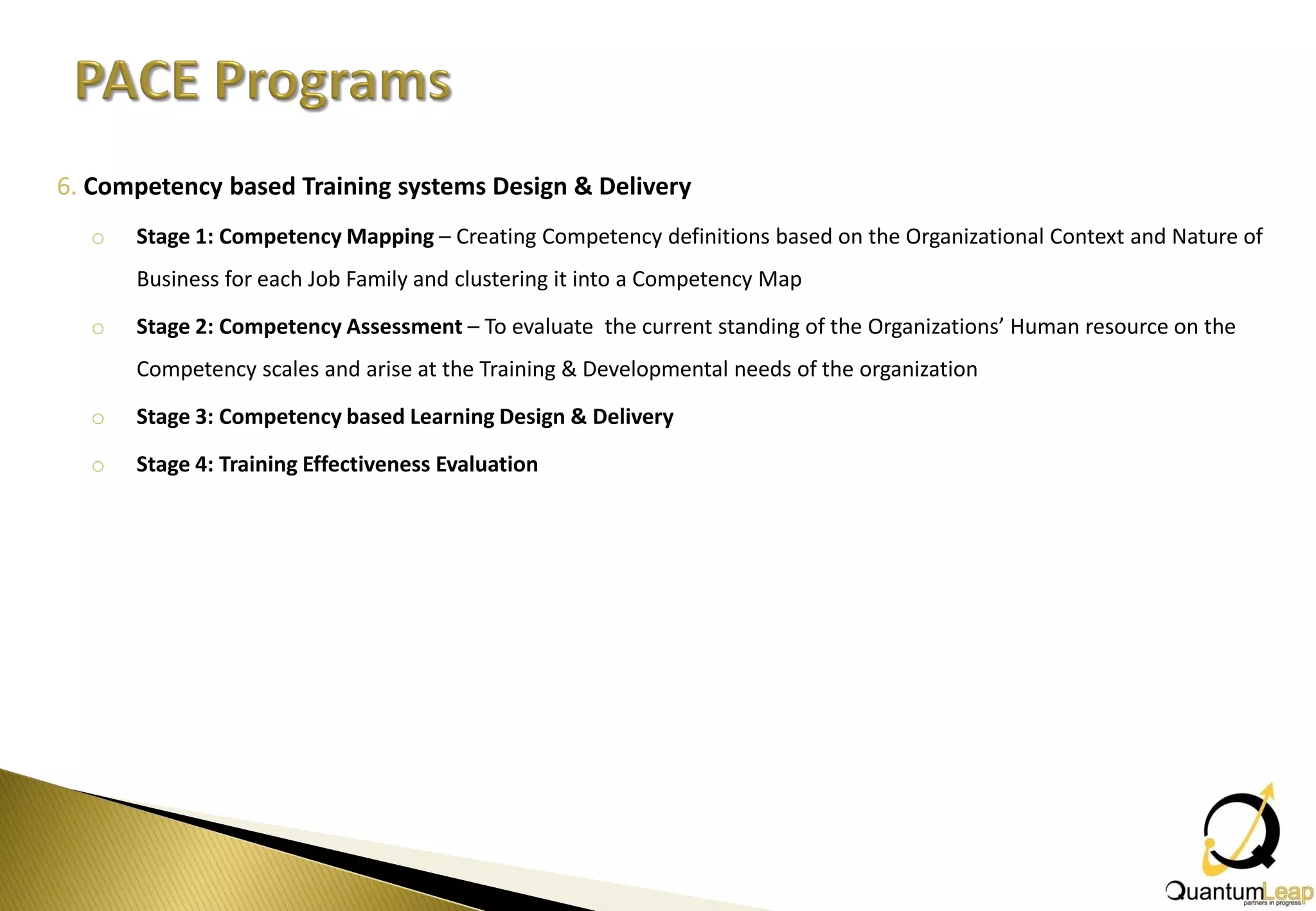 6. Competency based Training systems Design & Delivery
  o   Stage 1: Competency Mapping – Creating Competency definitions based on the Organizational Context and Nature of
      Business for each Job Family and clustering it into a Competency Map

  o   Stage 2: Competency Assessment – To evaluate the current standing of the Organizations’ Human resource on the
      Competency scales and arise at the Training & Developmental needs of the organization

  o   Stage 3: Competency based Learning Design & Delivery

  o   Stage 4: Training Effectiveness Evaluation
 