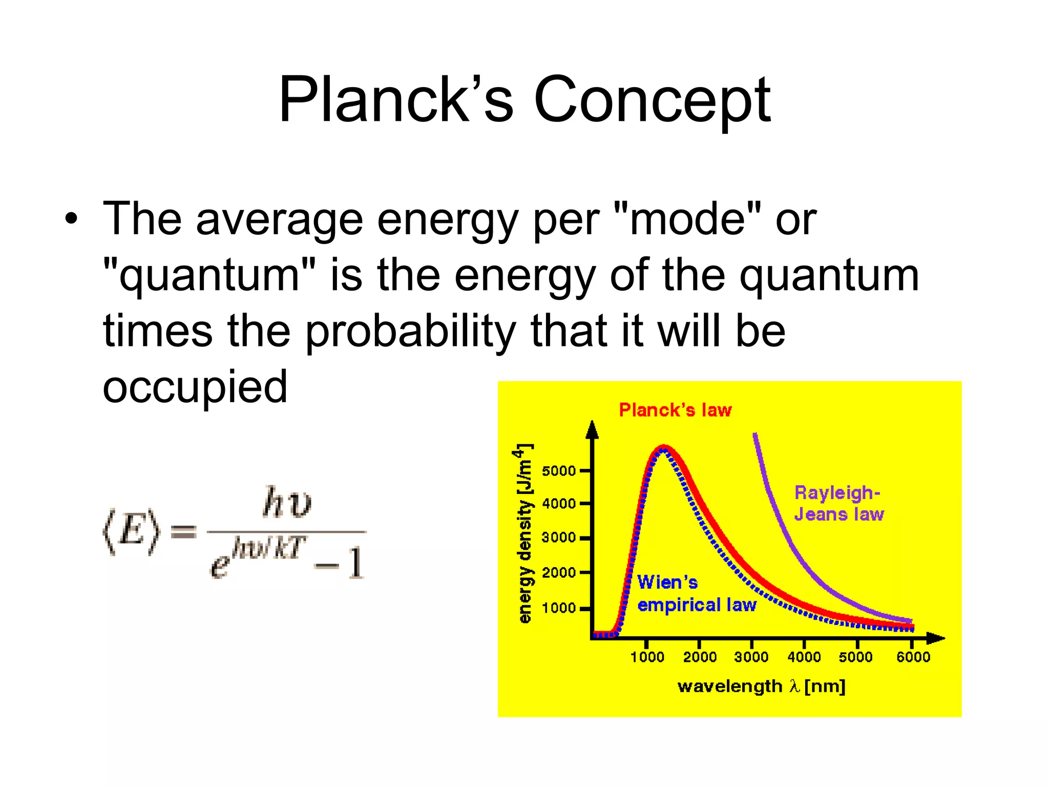 Planck’s Concept
• The average energy per "mode" or
"quantum" is the energy of the quantum
times the probability that it will be
occupied
 