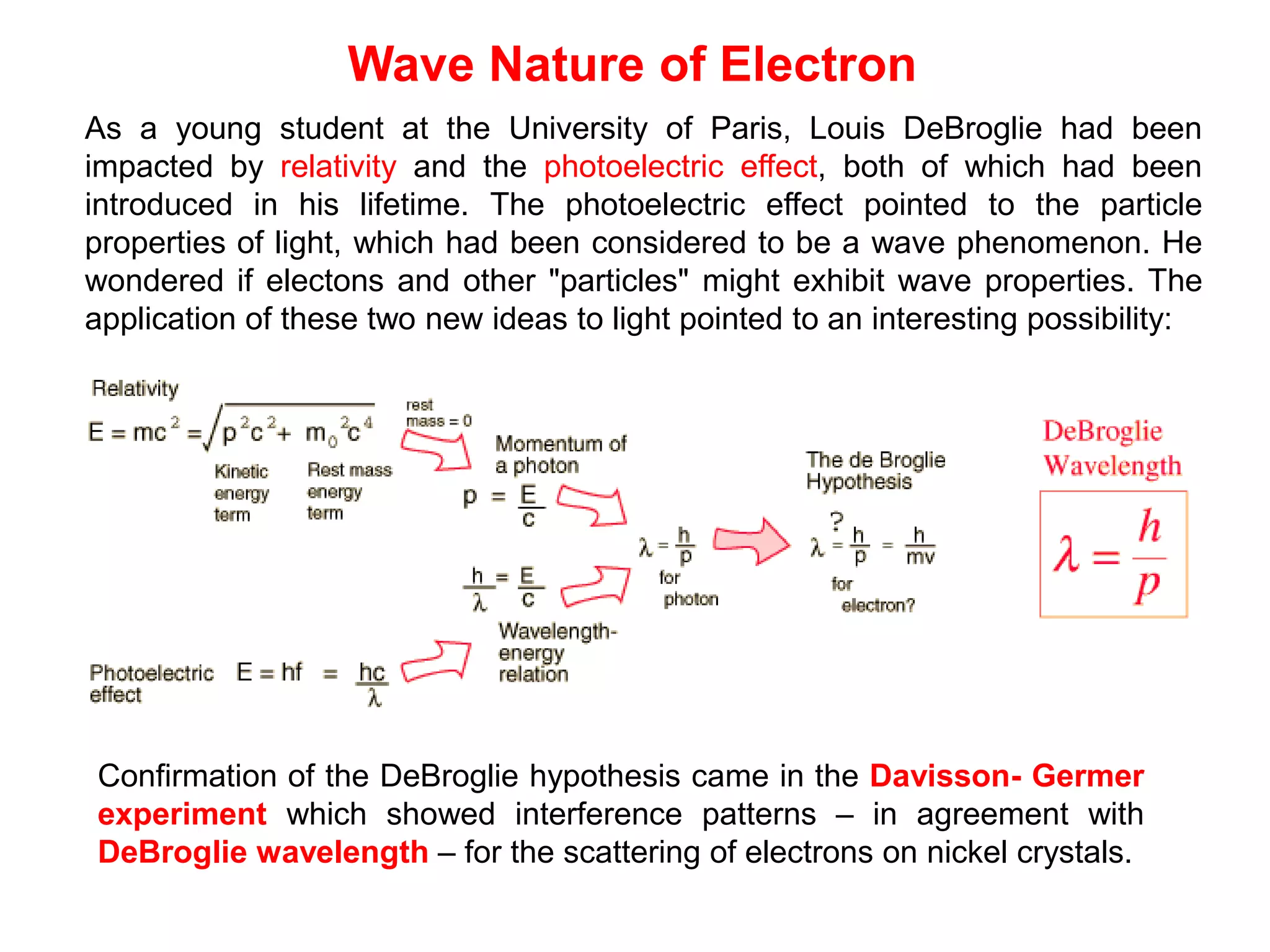 As a young student at the University of Paris, Louis DeBroglie had been
impacted by relativity and the photoelectric effect, both of which had been
introduced in his lifetime. The photoelectric effect pointed to the particle
properties of light, which had been considered to be a wave phenomenon. He
wondered if electons and other "particles" might exhibit wave properties. The
application of these two new ideas to light pointed to an interesting possibility:
Confirmation of the DeBroglie hypothesis came in the Davisson- Germer
experiment which showed interference patterns – in agreement with
DeBroglie wavelength – for the scattering of electrons on nickel crystals.
Wave Nature of Electron
 