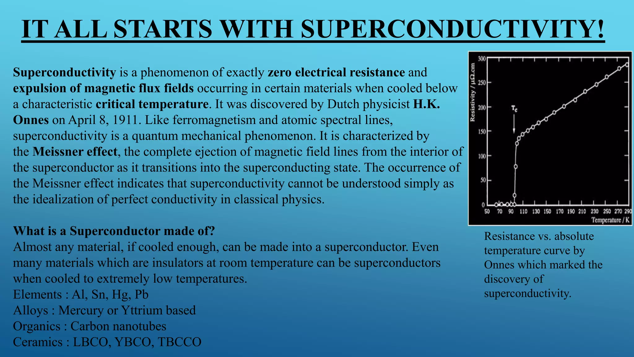 IT ALL STARTS WITH SUPERCONDUCTIVITY!
Superconductivity is a phenomenon of exactly zero electrical resistance and
expulsion of magnetic flux fields occurring in certain materials when cooled below
a characteristic critical temperature. It was discovered by Dutch physicist H.K.
Onnes on April 8, 1911. Like ferromagnetism and atomic spectral lines,
superconductivity is a quantum mechanical phenomenon. It is characterized by
the Meissner effect, the complete ejection of magnetic field lines from the interior of
the superconductor as it transitions into the superconducting state. The occurrence of
the Meissner effect indicates that superconductivity cannot be understood simply as
the idealization of perfect conductivity in classical physics.
What is a Superconductor made of?
Almost any material, if cooled enough, can be made into a superconductor. Even
many materials which are insulators at room temperature can be superconductors
when cooled to extremely low temperatures.
Elements : Al, Sn, Hg, Pb
Alloys : Mercury or Yttrium based
Organics : Carbon nanotubes
Ceramics : LBCO, YBCO, TBCCO
Resistance vs. absolute
temperature curve by
Onnes which marked the
discovery of
superconductivity.
 