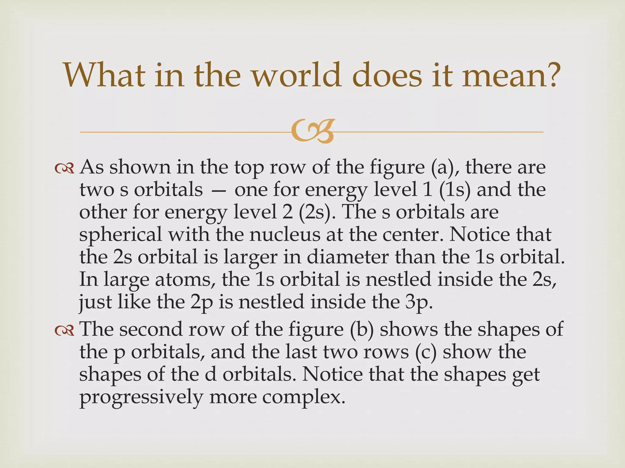 
 As shown in the top row of the figure (a), there are
two s orbitals — one for energy level 1 (1s) and the
other for energy level 2 (2s). The s orbitals are
spherical with the nucleus at the center. Notice that
the 2s orbital is larger in diameter than the 1s orbital.
In large atoms, the 1s orbital is nestled inside the 2s,
just like the 2p is nestled inside the 3p.
 The second row of the figure (b) shows the shapes of
the p orbitals, and the last two rows (c) show the
shapes of the d orbitals. Notice that the shapes get
progressively more complex.
What in the world does it mean?
 