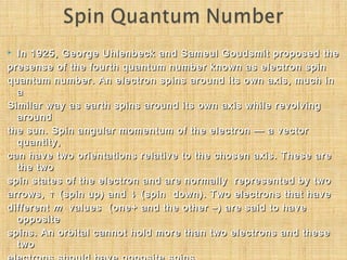  In 1925, George Uhlenbeck and Sameul Goudsmit proposed theIn 1925, George Uhlenbeck and Sameul Goudsmit proposed the
presense of the fourth quantum number known as electron spinpresense of the fourth quantum number known as electron spin
quantum number. An electron spins around its own axis, much inquantum number. An electron spins around its own axis, much in
aa
Similar way as earth spins around its own axis while revolvingSimilar way as earth spins around its own axis while revolving
aroundaround
the sun. Spin angular momentum of the electron — a vectorthe sun. Spin angular momentum of the electron — a vector
quantity,quantity,
can have two orientations relative to the chosen axis. These arecan have two orientations relative to the chosen axis. These are
the twothe two
spin states of the electron and are normally represented by twospin states of the electron and are normally represented by two
arrows, ↑ (spin up) and ↓ (spin down). Two electrons that havearrows, ↑ (spin up) and ↓ (spin down). Two electrons that have
differentdifferent mm values (one+ and the other –) are said to havevalues (one+ and the other –) are said to have
oppositeopposite
spins. An orbital cannot hold more than two electrons and thesespins. An orbital cannot hold more than two electrons and these
twotwo
 