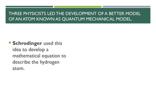 THREE PHYSICISTS LEDTHE DEVELOPMENT OF A BETTER MODEL
OF AN ATOM KNOWN AS QUANTUM MECHANICAL MODEL.
 Schrodinger used this
idea to develop a
mathematical equation to
describe the hydrogen
atom.
 