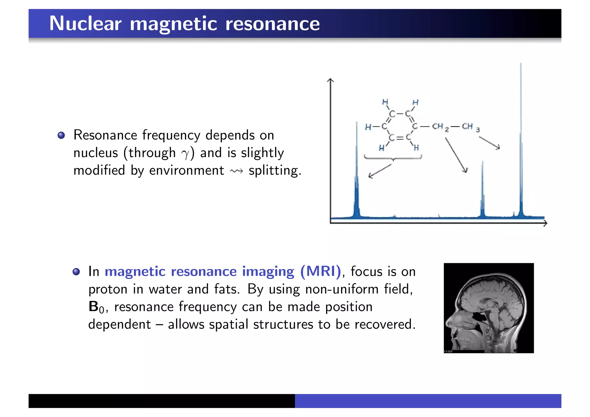 Nuclear magnetic resonance
Resonance frequency depends on
nucleus (through γ) and is slightly
modified by environment ! splitting.
In magnetic resonance imaging (MRI), focus is on
proton in water and fats. By using non-uniform field,
B0, resonance frequency can be made position
dependent – allows spatial structures to be recovered.
 