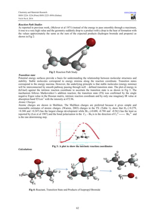 Chemistry and Materials Research www.iiste.org 
ISSN 2224- 3224 (Print) ISSN 2225- 0956 (Online) 
Vol.6 No.8, 2014 
Reaction Path Studies 
As reported in previous work, (Mclever et al 1971) instead of the energy to pass smoothly through a maximum, 
it rose to a very high value and the geometry suddenly drop to a product with a drop in the heat of formation with 
the values approximately the same as the sum of the expected products (hydrogen bromide and propene) as 
shown in Fig 2: 
Fig 2: Reaction Path Study 
Transition state 
Potential energy surfaces provide a basis for understanding the relationship between molecular structures and 
stability. Stable molecules correspond to energy minima along the reaction coordinate. Transition states 
correspond to the energy maxima. However, the underlying principle is that stable molecules (energy minima) 
will be interconnected by smooth pathway passing through well – defined transition state. The plot of energy in 
(kJ/mol) against the intrinsic reaction coordinate to ascertain the transition state is as shown in Fig 3. The 
mechanism follows Markovnikov’s addition reaction; the transition state (TS) was confirmed by the single 
negative Eigen value in the Hessian matrix, intrinsic reaction coordinate and by only one imaginary IR value at 
absorption band 931cm-1 with the intensity at 472.96. 
Atomic Charges 
Atomic charges are shown in Mulliken. The Mulliken charges are preferred because it gives simple and 
reasonable estimates of atomic charges. (Warren, 2003) charges in the TS: (Table 1), show that H4 (+0.279, 
+0.308 and +0.247) has the largest charge development while Br11 (-0.680, -0.788 and -0.561) has the least as 
reported by (Lee et al 1987) and the bond polarization in the C4 – Br6 is in the direction of C4 
62 
δ+------- Br6 
δ- and 
is the rate determining step. 
Fig 3: A plot to show the intrinsic reaction coordinates 
Calculations 
2 
7 
3 
4 
5 
6 
8 
9 
10 
11 
11 
1 
2 
7 
5 
8 4 
9 
9 
8 
4 
10 
1 
3 
10 11 6 
7 
2 
1 
6 
Fig 4: Reactant, Transition State and Products of Isopropyl Bromide 
 