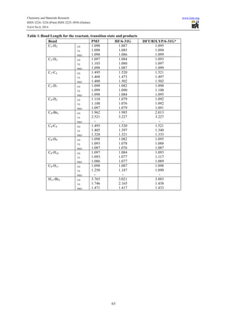 Chemistry and Materials Research www.iiste.org 
ISSN 2224- 3224 (Print) ISSN 2225- 0956 (Online) 
Vol.6 No.8, 2014 
Table 1: Bond Length for the reactant, transition state and products 
Bond PM3 HF/6-31G DFT/B3LYP/6-31G* 
C1-H2 GS 
63 
TS 
PRD 
1.098 
1.098 
1.098 
1.087 
1.085 
1.086 
1.095 
1.094 
1.099 
C1-H3 
GS 
TS 
PRD 
1.097 
1.103 
1.098 
1.084 
1.080 
1.087 
1.093 
1.097 
1.099 
C1-C4 
GS 
TS 
PRD 
1.495 
1.468 
1.480 
1.520 
1.473 
1.502 
1.521 
1.497 
1.502 
C1-H7 
GS 
TS 
PRD 
1.098 
1.099 
1.098 
1.082 
1.090 
1.084 
1.098 
1.100 
1.095 
C4-H5 
GS 
TS 
PRD 
1.110 
1.100 
1.097 
1.079 
1.076 
1.079 
1.092 
1.092 
1.091 
C4-Br6 
GS 
TS 
PRD 
1.962 
2.521 
- 
1.985 
3.227 
- 
2.013 
3.227 
- 
C4-C8 
GS 
TS 
PRD 
1.495 
1.405 
1.328 
1.520 
1.397 
1.321 
1.521 
1.340 
1.333 
C8-H9 GS 
TS 
PRD 
1.098 
1.093 
1.087 
1.082 
1.078 
1.076 
1.095 
1.088 
1.087 
C8-H10 
GS 
TS 
PRD 
1.097 
1.093 
1.086 
1.084 
1.077 
1.077 
1.093 
1.117 
1.089 
C8-H11 
GS 
TS 
PRD 
1.098 
1.250 
- 
1.087 
1.187 
- 
1.098 
1.090 
- 
H11-Br6 
GS 
TS 
PRD 
3.765 
1.746 
1.471 
3.021 
2.165 
1.417 
3.883 
1.438 
1.433 
 