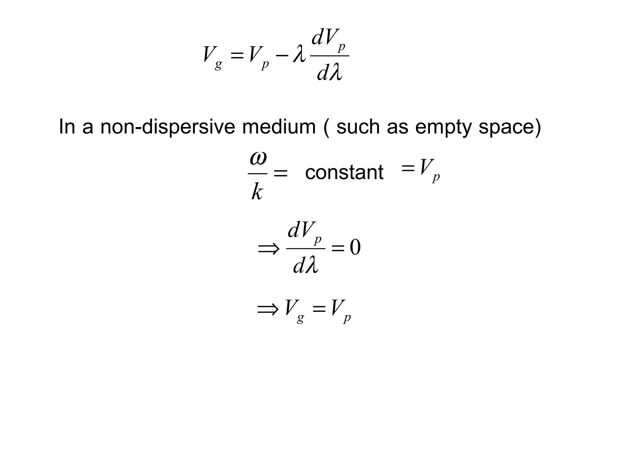 λ
λ
d
dV
VV
p
pg −=
0=⇒
λd
dVp
pg VV =⇒
In a non-dispersive medium ( such as empty space)
=
k
ω
constant pV=
 