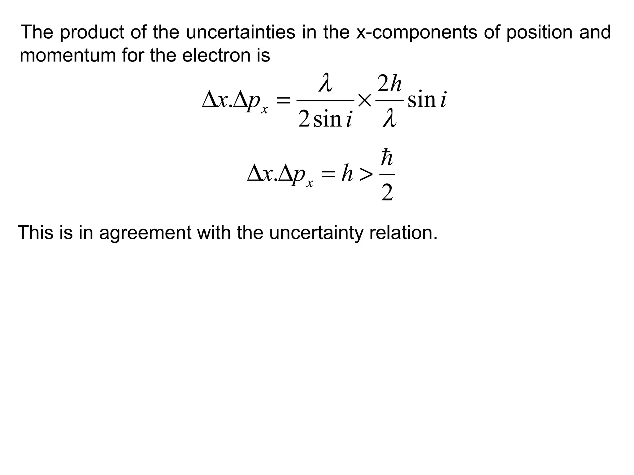 The product of the uncertainties in the x-components of position and
momentum for the electron is
i
h
i
px x sin
2
sin2
.
λ
λ
×=∆∆
This is in agreement with the uncertainty relation.
2
.

>=∆∆ hpx x
 