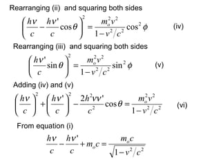 Rearranging (ii) and squaring both sides
φθ
νν 2
22
222
cos
1
cos
'
cv
vm
c
h
c
h o
−
=





− (iv)
φθ
ν 2
22
222
sin
1
sin
'
cv
vm
c
h o
−
=




 (v)
Rearranging (iii) and squaring both sides
Adding (iv) and (v)
22
22
2
222
1
cos
'2'
cv
vm
c
h
c
h
c
h o
−
=−





+





θ
νννν
(vi)
From equation (i)
22
1
'
cv
cm
cm
c
h
c
h o
o
−
=+−
νν
 