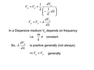 λ
λ
d
dV
VV
p
pg −=






−
+=
λ
λ
λ
d
dV
VV p
pg
2
1
1
λ
λ
d
dVp
So, is positive generally (not always).
pg VV <⇒
In a Dispersive medium Vp depends on frequency
≠
k
ω
generally
i.e. constant
 