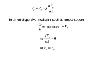 λ
λ
d
dV
VV
p
pg −=
0=⇒
λd
dVp
pg VV =⇒
In a non-dispersive medium ( such as empty space)
=
k
ω
constant pV=
 