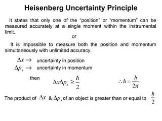 Heisenberg Uncertainty Principle
It states that only one of the “position” or “momentum” can be
measured accurately at a single moment within the instrumental
limit.
It is impossible to measure both the position and momentum
simultaneously with unlimited accuracy.
or
uncertainty in position
uncertainty in momentum
→∆x
→∆ xp
then
2

≥∆∆ xpx
π2
h
=∴
The product of & of an object is greater than or equal to
2

xp∆x∆
 