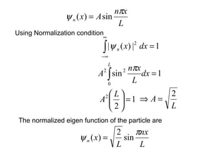 Using Normalization condition
L
xn
Axn
π
ψ sin)( =
1sin
0
22
=∫ dx
L
xn
A
L
π
1|)(| 2
=∫
∞
∞−
dxxnψ
1
2
2
=




 L
A
L
A
2
=⇒
The normalized eigen function of the particle are
L
nx
L
xn
π
ψ sin
2
)( =
 