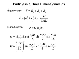 Eigen function
zyx ψψψψ =
L
zn
L
yn
L
xn
AAA zyx
zyx
πππ
ψ sinsinsin=
L
zn
L
yn
L
xn
L
zyx πππ
ψ sinsinsin
2
3








=
2
2
222
8
)(
mL
h
nnnE zyx ++=
Particle in a Three Dimensional Box
zyx EEEE ++=Eigen energy
 