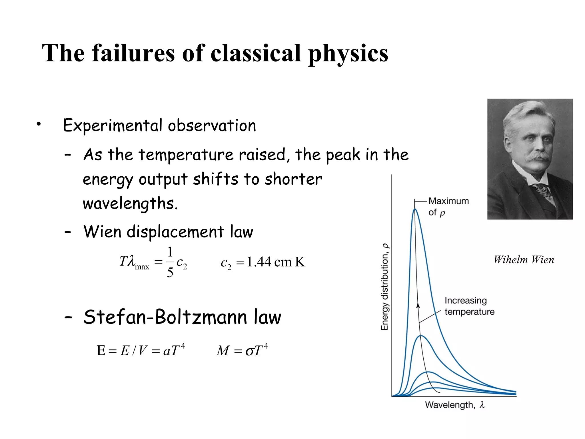 The failures of classical physics
• Experimental observation
– As the temperature raised, the peak in the
energy output shifts to shorter
wavelengths.
– Wien displacement law
– Stefan-Boltzmann law
Wihelm Wien
2max
5
1
cT =λ Kcm44.12 =c
4
/ aTVE ==Ε 4
TM σ=
 