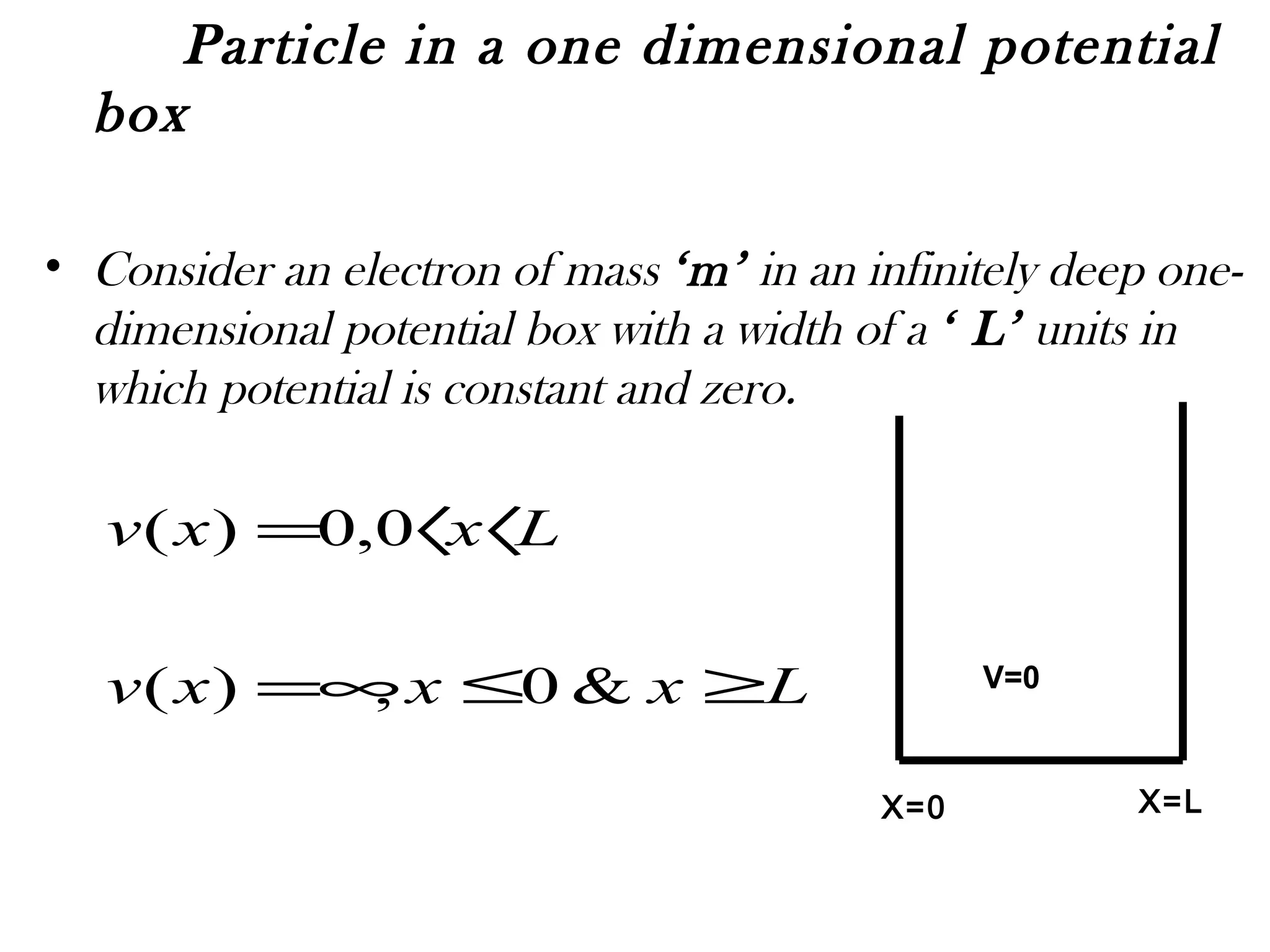 Particle in a one dimensional potential
box
• Consider an electron of mass ‘m’ in an infinitely deep one-
dimensional potential box with a width of a ‘ L’ units in
which potential is constant and zero.
Lxxxv
Lxxv
≥≤∞=
〈〈=
&0,)(
0,0)(
X=0 X=L
V=0
 