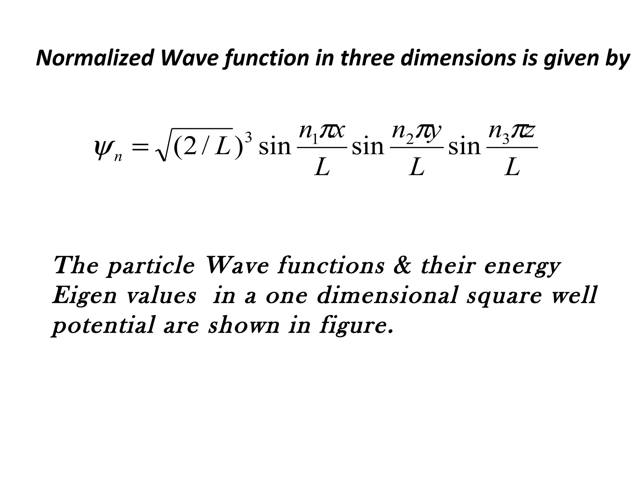 The particle Wave functions & their energy
Eigen values in a one dimensional square well
potential are shown in figure.
L
zn
L
yn
L
xn
Ln
πππ
ψ 3213
sinsinsin)/2(=
Normalized Wave function in three dimensions is given by
 