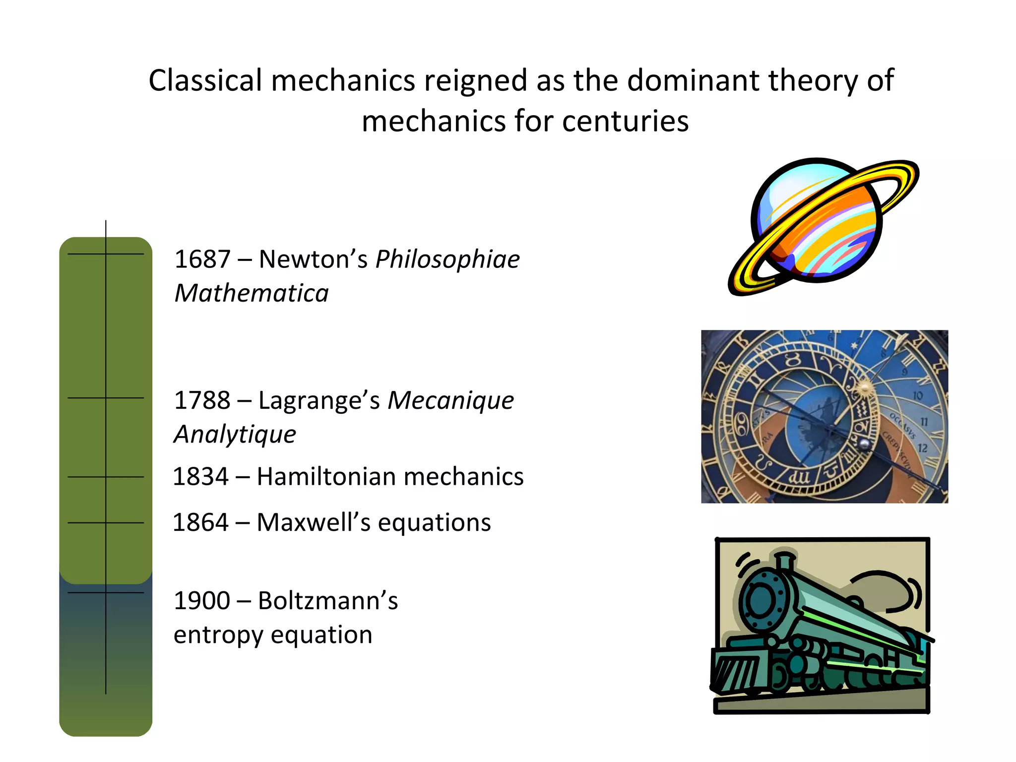 Classical mechanics reigned as the dominant theory of
mechanics for centuries
1687 – Newton’s Philosophiae
Mathematica
1788 – Lagrange’s Mecanique
Analytique
1834 – Hamiltonian mechanics
1864 – Maxwell’s equations
1900 – Boltzmann’s
entropy equation
 