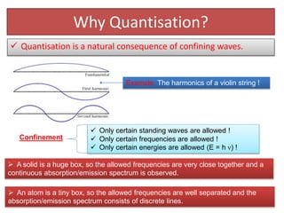 Why Quantisation?
 Quantisation is a natural consequence of confining waves.
Example: The harmonics of a violin string !
Confinement
 Only certain standing waves are allowed !
 Only certain frequencies are allowed !
 Only certain energies are allowed (E = h ν) !
 A solid is a huge box, so the allowed frequencies are very close together and a
continuous absorption/emission spectrum is observed.
 An atom is a tiny box, so the allowed frequencies are well separated and the
absorption/emission spectrum consists of discrete lines.
 