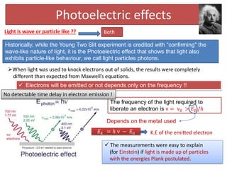 Photoelectric effects
When light was used to knock electrons out of solids, the results were completely
different than expected from Maxwell’s equations.
 The measurements were easy to explain
(for Einstein) if light is made up of particles
with the energies Plank postulated.
Historically, while the Young Two Slit experiment is credited with “confirming" the
wave-like nature of light, it is the Photoelectric effect that shows that light also
exhibits particle-like behaviour, we call light particles photons.
Light is wave or particle like ??
 Electrons will be emitted or not depends only on the frequency !!
The frequency of the light required to
liberate an electron is ν = ν0 > 𝐸0 /ℎ
Depends on the metal used
𝐸𝑘 = ℎ ν − 𝐸0 K.E of the emitted electron
Both
No detectable time delay in electron emission !
 