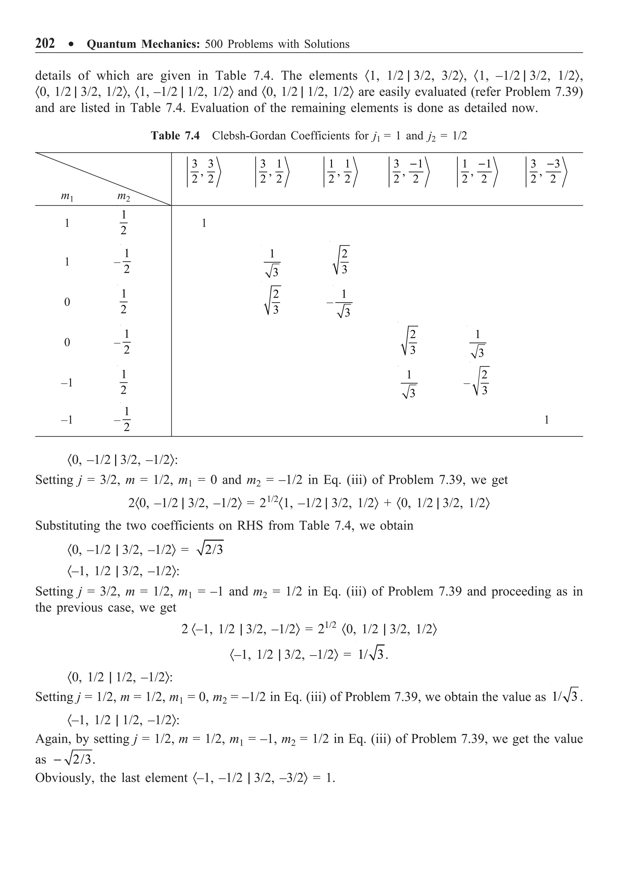 202 ∑ Quantum Mechanics: 500 Problems with Solutions
details of which are given in Table 7.4. The elements ·1, 1/2 | 3/2, 3/2Ò, ·1, –1/2 | 3/2, 1/2Ò,
·0, 1/2 | 3/2, 1/2Ò, ·1, –1/2 | 1/2, 1/2Ò and ·0, 1/2 | 1/2, 1/2Ò are easily evaluated (refer Problem 7.39)
and are listed in Table 7.4. Evaluation of the remaining elements is done as detailed now.
Table 7.4 Clebsh-Gordan Coefficients for j1 = 1 and j2 = 1/2
3 3
,
2 2
3 1
,
2 2
1 1
,
2 2
3 1
,
2 2
- 1 1
,
2 2
- 3 3
,
2 2
-
m1 m2
1
1
2
1
1 –
1
2
1
3
2
3
0
1
2
2
3
–
1
3
0 –
1
2
2
3
1
3
–1
1
2
1
3
–
2
3
–1 –
1
2
1
·0, –1/2 | 3/2, –1/2Ò:
Setting j = 3/2, m = 1/2, m1 = 0 and m2 = –1/2 in Eq. (iii) of Problem 7.39, we get
2·0, –1/2 | 3/2, –1/2Ò = 21/2
·1, –1/2 | 3/2, 1/2Ò + ·0, 1/2 | 3/2, 1/2Ò
Substituting the two coefficients on RHS from Table 7.4, we obtain
·0, –1/2 | 3/2, –1/2Ò = 2/3
·–1, 1/2 | 3/2, –1/2Ò:
Setting j = 3/2, m = 1/2, m1 = –1 and m2 = 1/2 in Eq. (iii) of Problem 7.39 and proceeding as in
the previous case, we get
2 ·–1, 1/2 | 3/2, –1/2Ò = 21/2
·0, 1/2 | 3/2, 1/2Ò
·–1, 1/2 | 3/2, –1/2Ò = 1/ 3.
·0, 1/2 | 1/2, –1/2Ò:
Setting j = 1/2, m = 1/2, m1 = 0, m2 = –1/2 in Eq. (iii) of Problem 7.39, we obtain the value as 1/ 3.
·–1, 1/2 | 1/2, –1/2Ò:
Again, by setting j = 1/2, m = 1/2, m1 = –1, m2 = 1/2 in Eq. (iii) of Problem 7.39, we get the value
as 2/3.
-
Obviously, the last element ·–1, –1/2 | 3/2, –3/2Ò = 1.
 