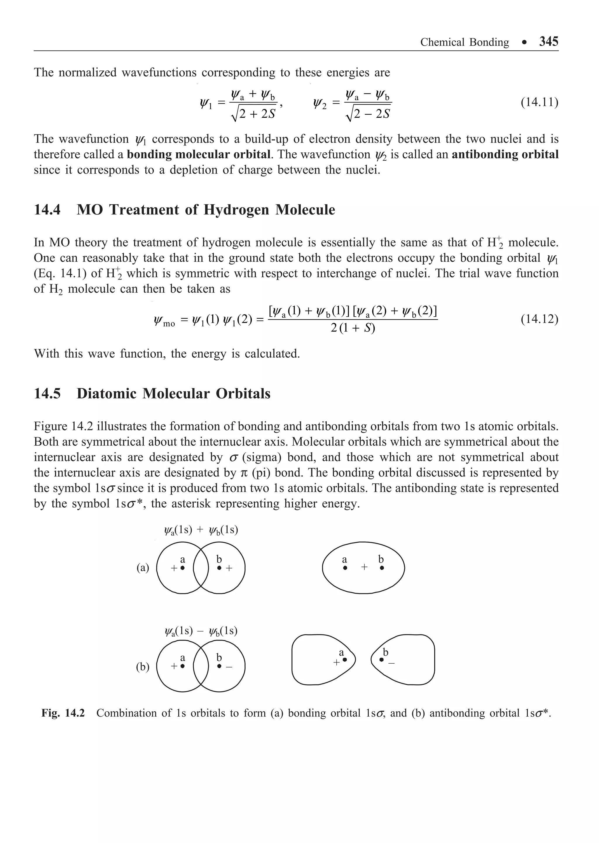 Chemical Bonding ∑ 345
The normalized wavefunctions corresponding to these energies are
a b
1 ,
2 2S
y y
y
+
=
+
a b
2
2 2S
y y
y
-
=
-
(14.11)
The wavefunction y1 corresponds to a build-up of electron density between the two nuclei and is
therefore called a bonding molecular orbital. The wavefunction y2 is called an antibonding orbital
since it corresponds to a depletion of charge between the nuclei.
14.4 MO Treatment of Hydrogen Molecule
In MO theory the treatment of hydrogen molecule is essentially the same as that of H+
2 molecule.
One can reasonably take that in the ground state both the electrons occupy the bonding orbital y1
(Eq. 14.1) of H+
2 which is symmetric with respect to interchange of nuclei. The trial wave function
of H2 molecule can then be taken as
a b a b
mo 1 1
[ (1) (1)] [ (2) (2)]
(1) (2)
2 (1 )
S
+ +
= =
+
y y y y
y y y (14.12)
With this wave function, the energy is calculated.
14.5 Diatomic Molecular Orbitals
Figure 14.2 illustrates the formation of bonding and antibonding orbitals from two 1s atomic orbitals.
Both are symmetrical about the internuclear axis. Molecular orbitals which are symmetrical about the
internuclear axis are designated by s (sigma) bond, and those which are not symmetrical about
the internuclear axis are designated by p (pi) bond. The bonding orbital discussed is represented by
the symbol 1ss since it is produced from two 1s atomic orbitals. The antibonding state is represented
by the symbol 1ss *, the asterisk representing higher energy.
ya(1s) + yb(1s)
ya(1s) – yb(1s)
a
+
b
+
a
+
b
a
+
b
–
a
+
b
–
(a)
(b)
Fig. 14.2 Combination of 1s orbitals to form (a) bonding orbital 1ss, and (b) antibonding orbital 1ss*.
 