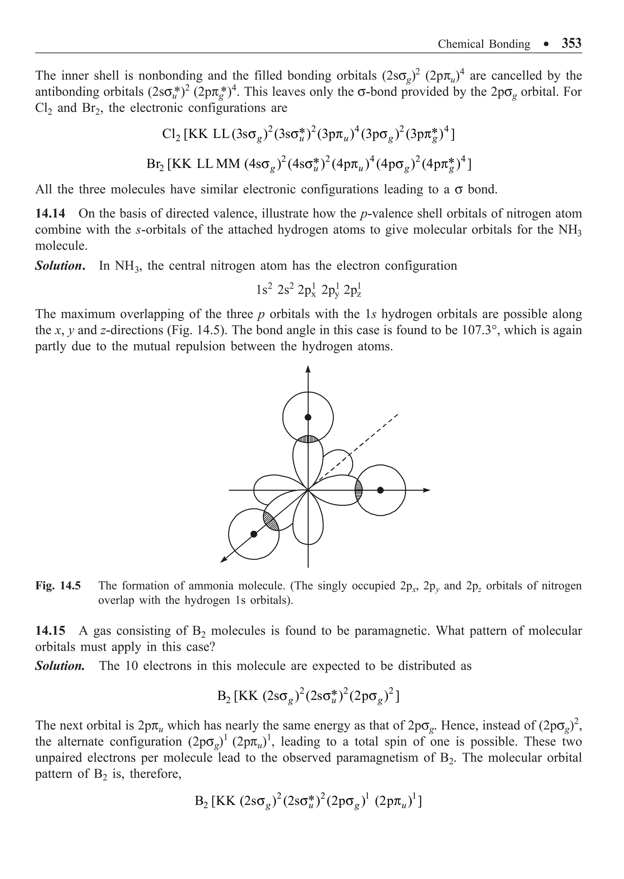 Chemical Bonding ∑ 353
The inner shell is nonbonding and the filled bonding orbitals (2ssg)2
(2ppu)4
are cancelled by the
antibonding orbitals (2ssu
*)2
(2ppg
*)4
. This leaves only the s-bond provided by the 2psg orbital. For
Cl2 and Br2, the electronic configurations are
2 2 4 2 4
2 * *
Cl [KK LL(3s ) (3s ) (3p ) (3p ) (3p ) ]
g u u g g
s s p s p
2 2 4 2 4
2 * *
Br [KK LL MM (4s ) (4s ) (4p ) (4p ) (4p ) ]
g u u g g
s s p s p
All the three molecules have similar electronic configurations leading to a s bond.
14.14 On the basis of directed valence, illustrate how the p-valence shell orbitals of nitrogen atom
combine with the s-orbitals of the attached hydrogen atoms to give molecular orbitals for the NH3
molecule.
Solution. In NH3, the central nitrogen atom has the electron configuration
1s2
2s2
2px
1
2py
1
2pz
1
The maximum overlapping of the three p orbitals with the 1s hydrogen orbitals are possible along
the x, y and z-directions (Fig. 14.5). The bond angle in this case is found to be 107.3°, which is again
partly due to the mutual repulsion between the hydrogen atoms.
Fig. 14.5 The formation of ammonia molecule. (The singly occupied 2px, 2py and 2pz orbitals of nitrogen
overlap with the hydrogen 1s orbitals).
14.15 A gas consisting of B2 molecules is found to be paramagnetic. What pattern of molecular
orbitals must apply in this case?
Solution. The 10 electrons in this molecule are expected to be distributed as
2 2 2
2 *
B [KK (2s ) (2s ) (2p ) ]
g u g
s s s
The next orbital is 2ppu which has nearly the same energy as that of 2psg. Hence, instead of (2psg)2
,
the alternate configuration (2psg)1
(2ppu)1
, leading to a total spin of one is possible. These two
unpaired electrons per molecule lead to the observed paramagnetism of B2. The molecular orbital
pattern of B2 is, therefore,
2 2 1 1
2 *
B [KK (2s ) (2s ) (2p ) (2p ) ]
g u g u
s s s p
 