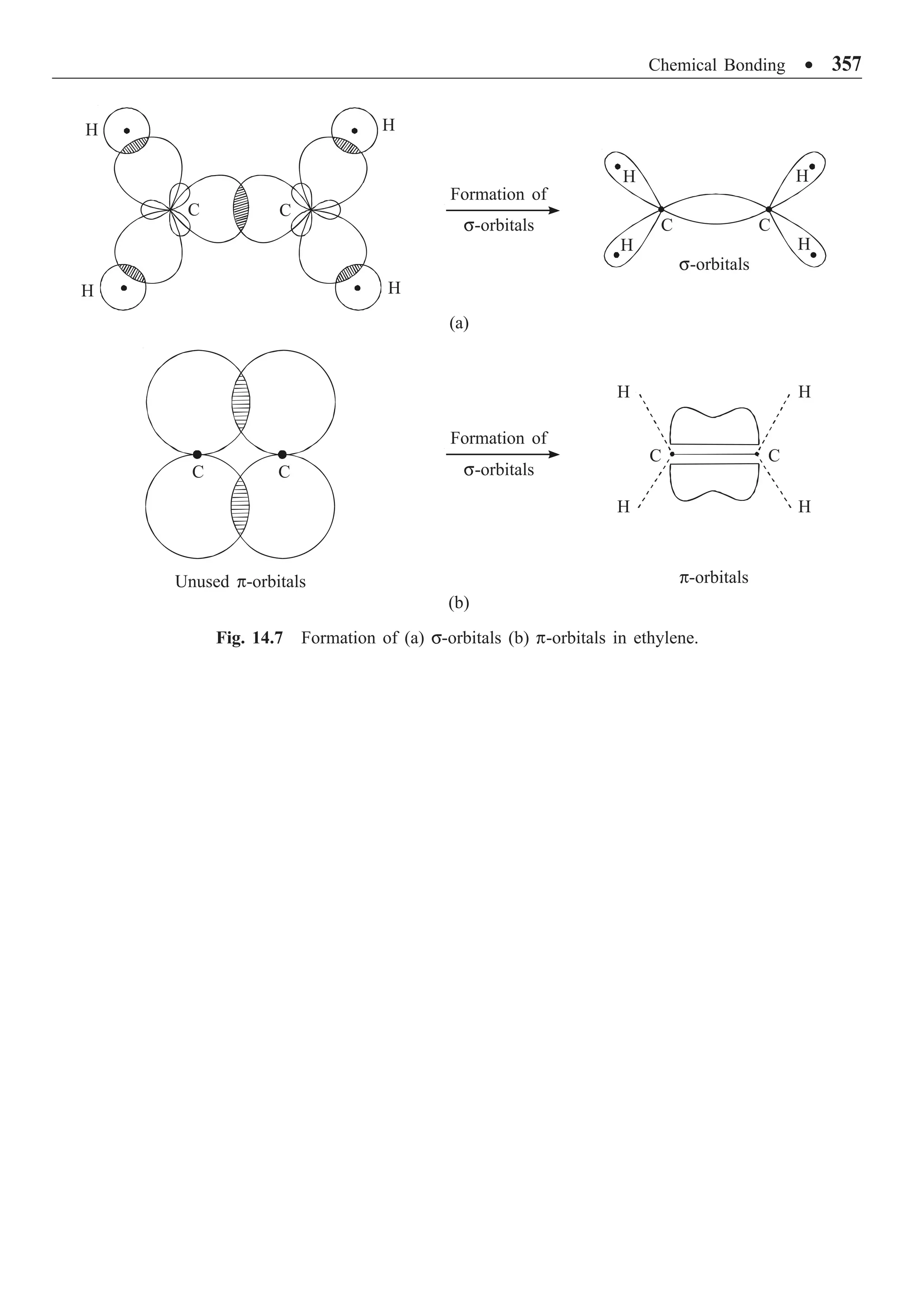 Chemical Bonding ∑ 357
H
H
H
H
C C
Formation of
s-orbitals
H
C
H
H
H
C
s-orbitals
(a)
H
C
H
H
H
C
Formation of
s-orbitals
C C
Fig. 14.7 Formation of (a) s-orbitals (b) p-orbitals in ethylene.
p-orbitals
Unused p-orbitals
(b)
 