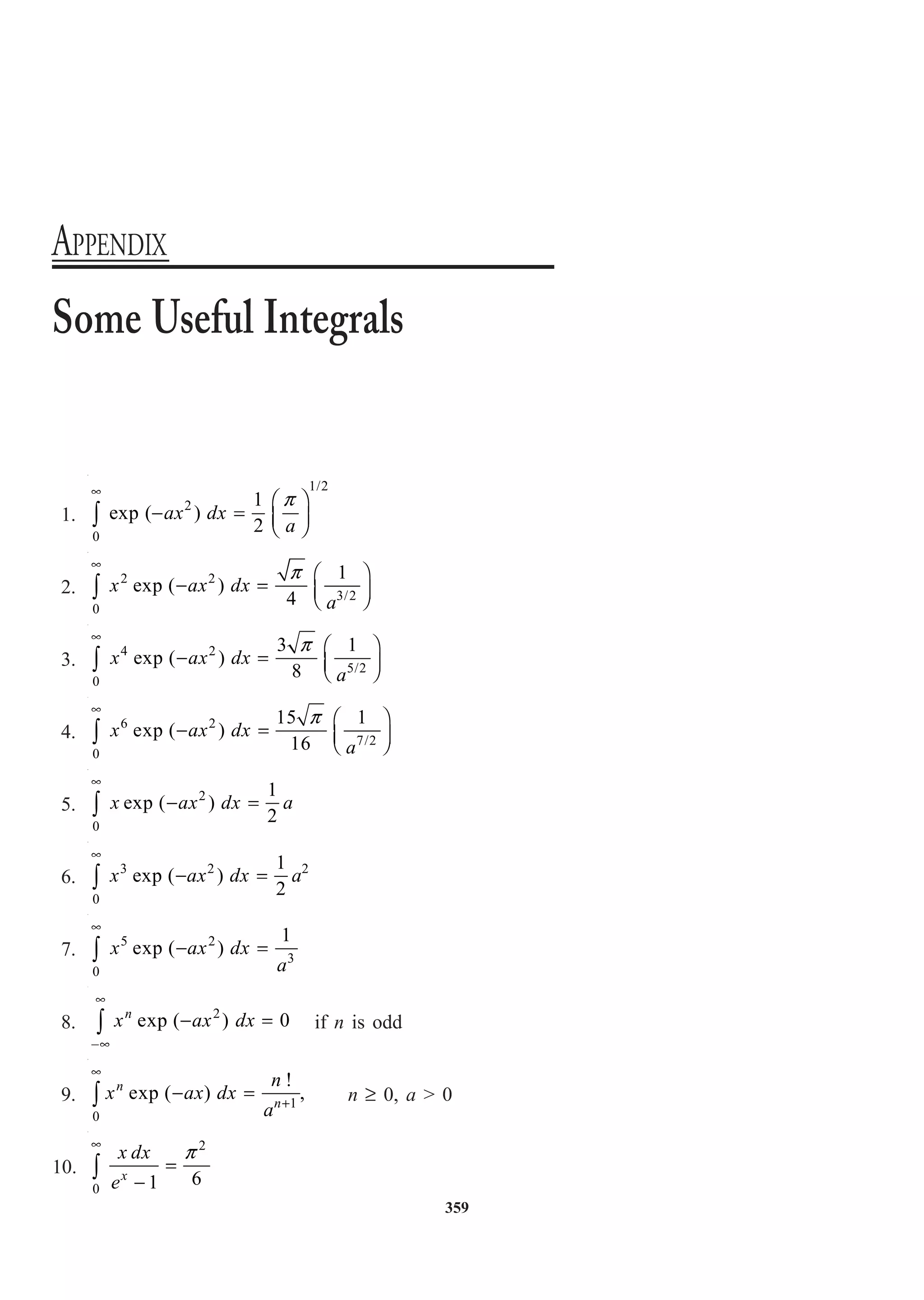 359
1.
1/2
2
0
1
exp ( )
2
p
•
Ê ˆ
- = Á ˜
Ë ¯
Ú ax dx
a
2.
2 2
3/2
0
1
exp ( )
4
p
•
Ê ˆ
- = Á ˜
Ë ¯
Ú x ax dx
a
3.
4 2
5/2
0
3 1
exp ( )
8
p
•
Ê ˆ
- = Á ˜
Ë ¯
Ú x ax dx
a
4.
6 2
7/2
0
15 1
exp ( )
16
p
•
Ê ˆ
- = Á ˜
Ë ¯
Ú x ax dx
a
5.
2
0
1
exp ( )
2
•
- =
Ú x ax dx a
6.
3 2 2
0
1
exp ( )
2
•
- =
Ú x ax dx a
7.
5 2
3
0
1
exp ( )
•
- =
Ú x ax dx
a
8.
2
exp ( ) 0
•
-•
- =
Ú
n
x ax dx if n is odd
9. 1
0
!
exp ( ) ,
•
+
- =
Ú
n
n
n
x ax dx
a
n ≥ 0, a  0
10.
2
0
6
1
p
•
=
-
Ú x
x dx
e
Some Useful Integrals
APPENDIX
 