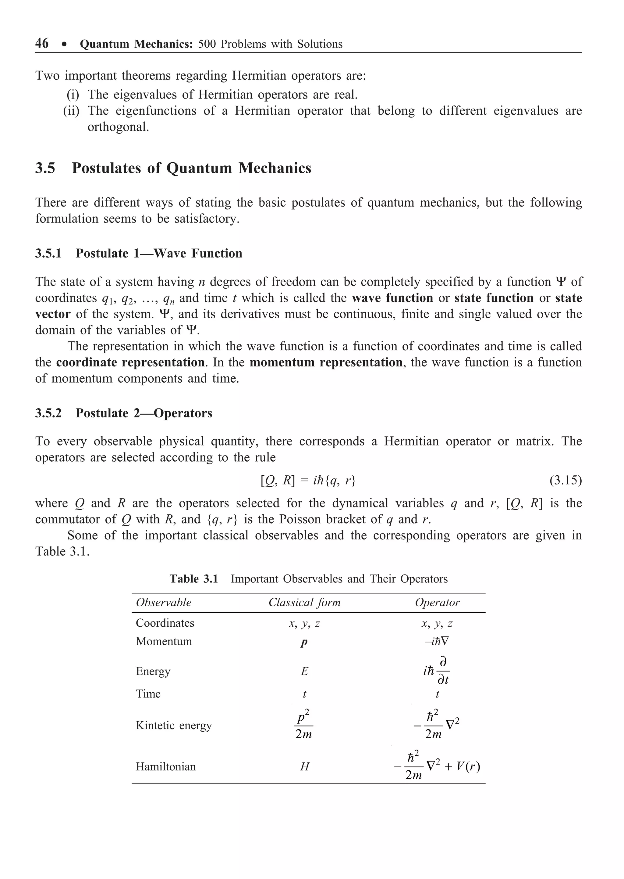 46 ∑ Quantum Mechanics: 500 Problems with Solutions
Two important theorems regarding Hermitian operators are:
(i) The eigenvalues of Hermitian operators are real.
(ii) The eigenfunctions of a Hermitian operator that belong to different eigenvalues are
orthogonal.
3.5 Postulates of Quantum Mechanics
There are different ways of stating the basic postulates of quantum mechanics, but the following
formulation seems to be satisfactory.
3.5.1 Postulate 1—Wave Function
The state of a system having n degrees of freedom can be completely specified by a function Y of
coordinates q1, q2, º, qn and time t which is called the wave function or state function or state
vector of the system. Y, and its derivatives must be continuous, finite and single valued over the
domain of the variables of Y.
The representation in which the wave function is a function of coordinates and time is called
the coordinate representation. In the momentum representation, the wave function is a function
of momentum components and time.
3.5.2 Postulate 2—Operators
To every observable physical quantity, there corresponds a Hermitian operator or matrix. The
operators are selected according to the rule
[Q, R] = i={q, r} (3.15)
where Q and R are the operators selected for the dynamical variables q and r, [Q, R] is the
commutator of Q with R, and {q, r} is the Poisson bracket of q and r.
Some of the important classical observables and the corresponding operators are given in
Table 3.1.
Table 3.1 Important Observables and Their Operators
Observable Classical form Operator
Coordinates x, y, z x, y, z
Momentum p –i=—
Energy E
∂
∂
=
i
t
Time t t
Kintetic energy
2
2
p
m
2
2
2
- —
=
m
Hamiltonian H
2
2
( )
2
- — +
=
V r
m
 