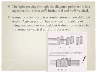 The light passing through the diagonal polarizer is in a
superposition state: 50% horizontal and 50% vertical.
A superposition state is a combination of two diﬀerent
states. A given photon has an equal probability of
being horizontal or vertical, but it does not exist either
horizontal or vertical until it is observed.
 