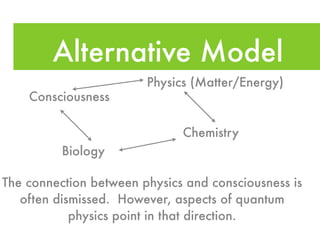 Alternative Model
                        Physics (Matter/Energy)
    Consciousness

                              Chemistry
          Biology

The connection between physics and consciousness is
   often dismissed. However, aspects of quantum
            physics point in that direction.
 