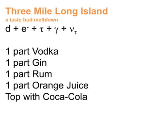 Three Mile Long Island
a taste bud meltdown

d+    e-   + + +

1 part Vodka
1 part Gin
1 part Rum
1 part Orange Juice
Top ...